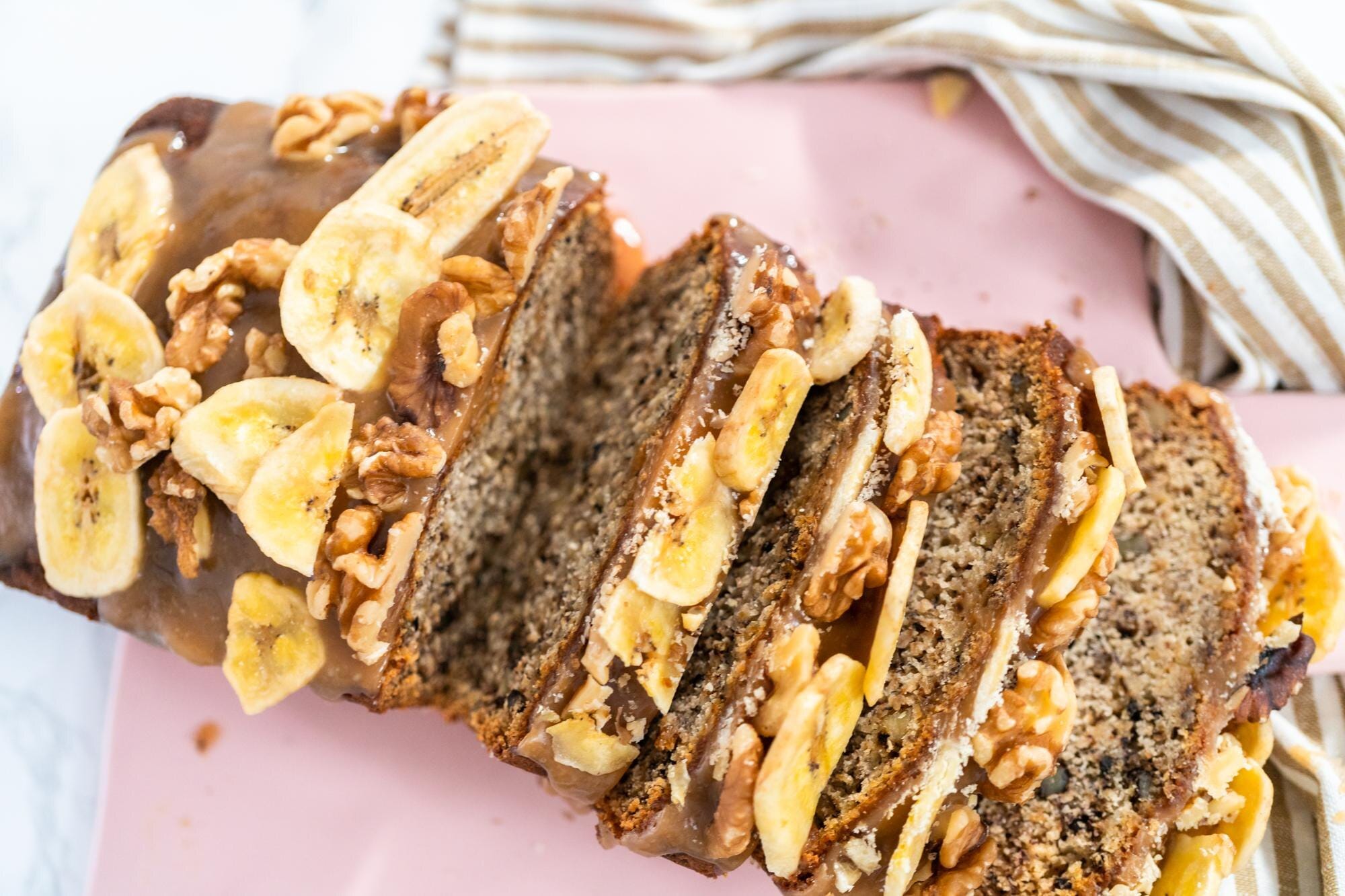 Sliced banana bread loaf