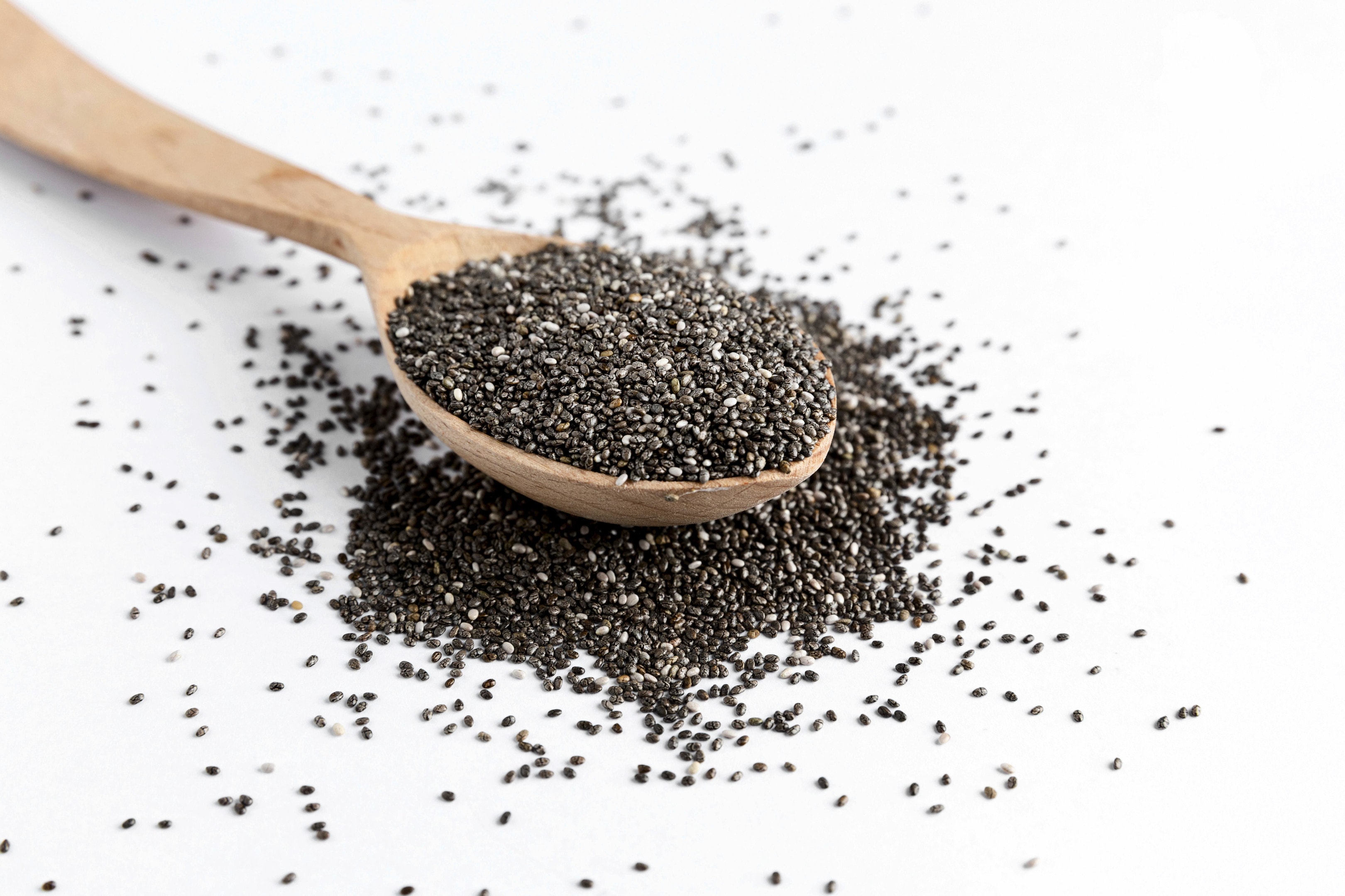 Chia seeds in wooden spoon