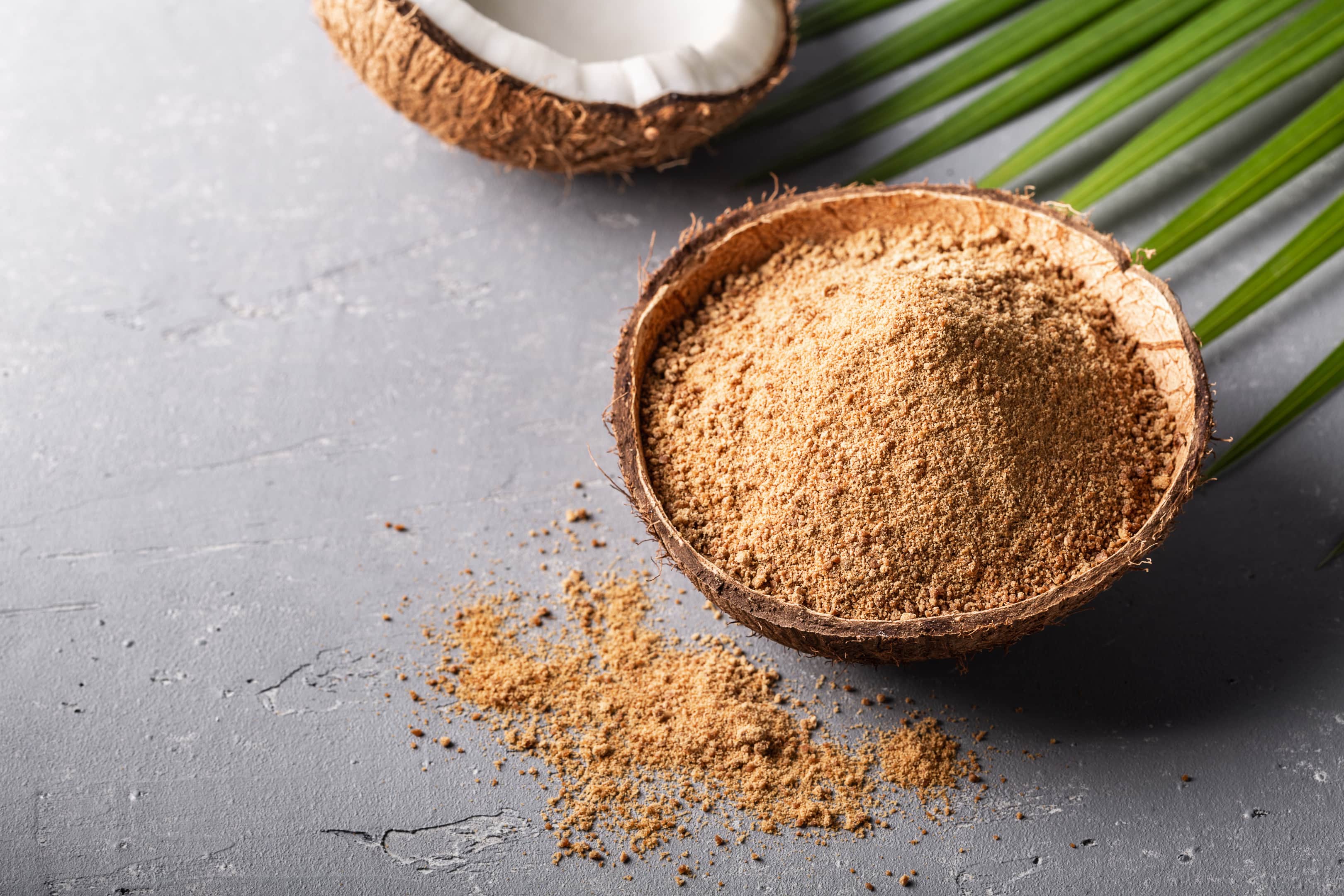 Coconut sugar in coconut shell and fresh coconut on gray table