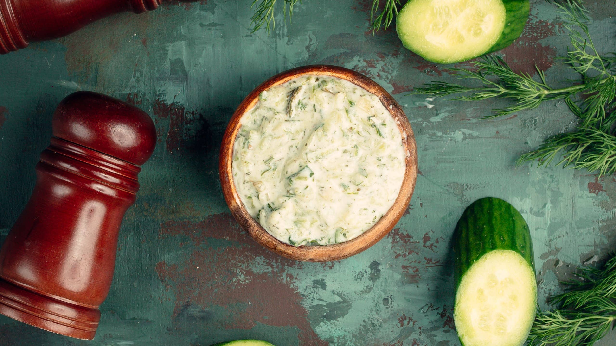 creamy Top the Tater with herbs and cucumber