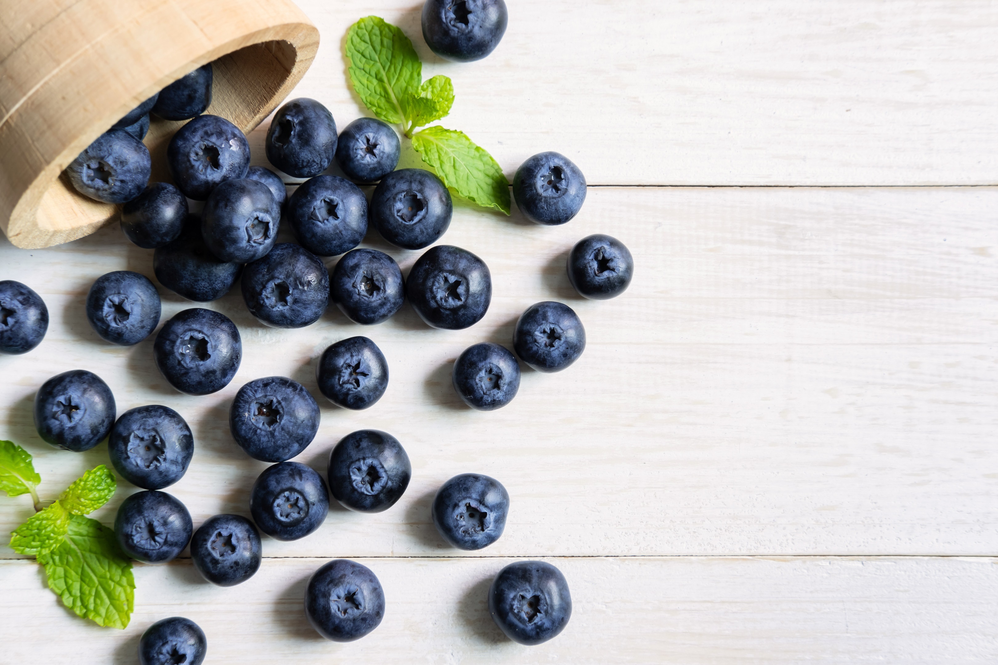 Fresh blueberries on white wooden table