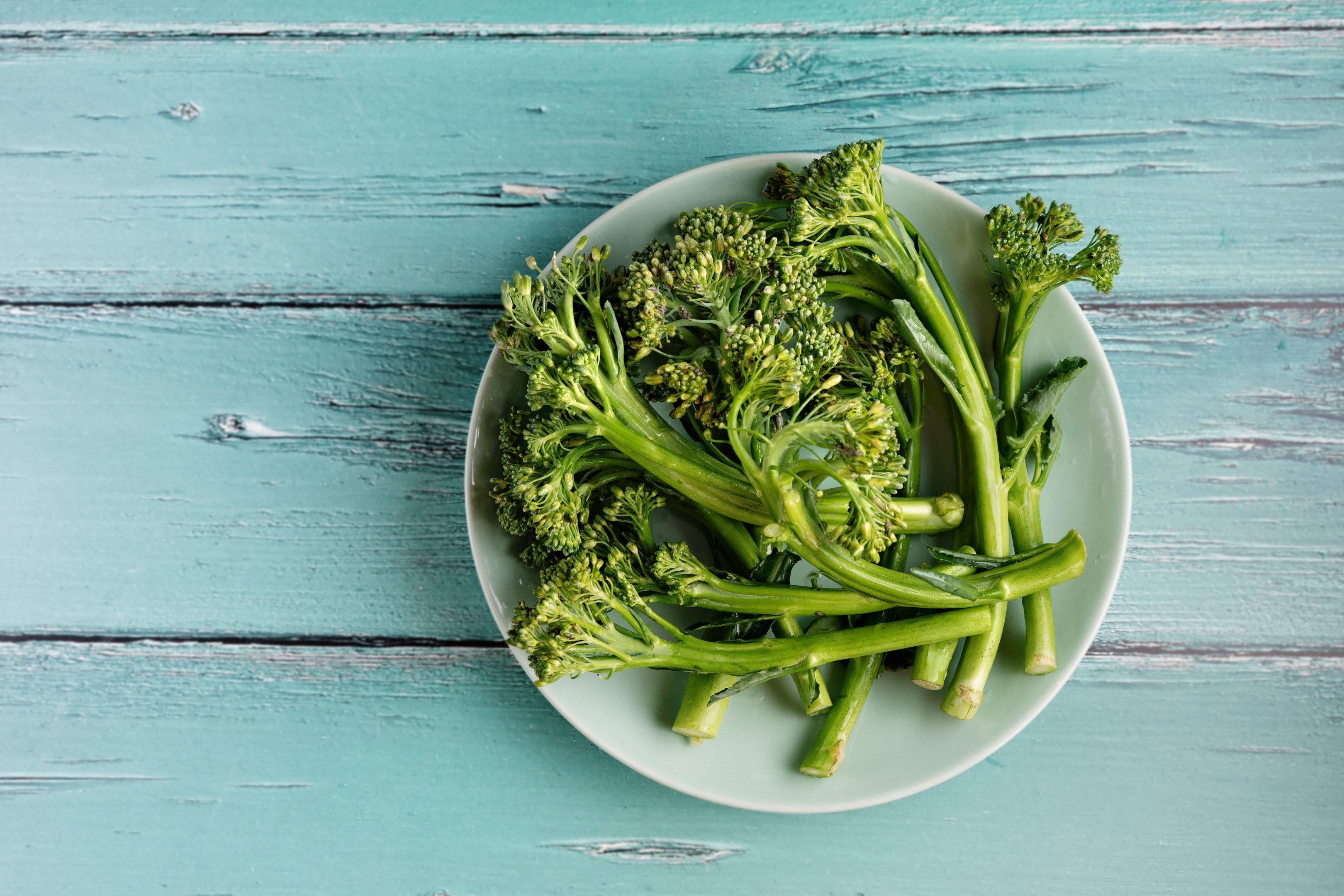 Fresh broccolini on rustic blue background