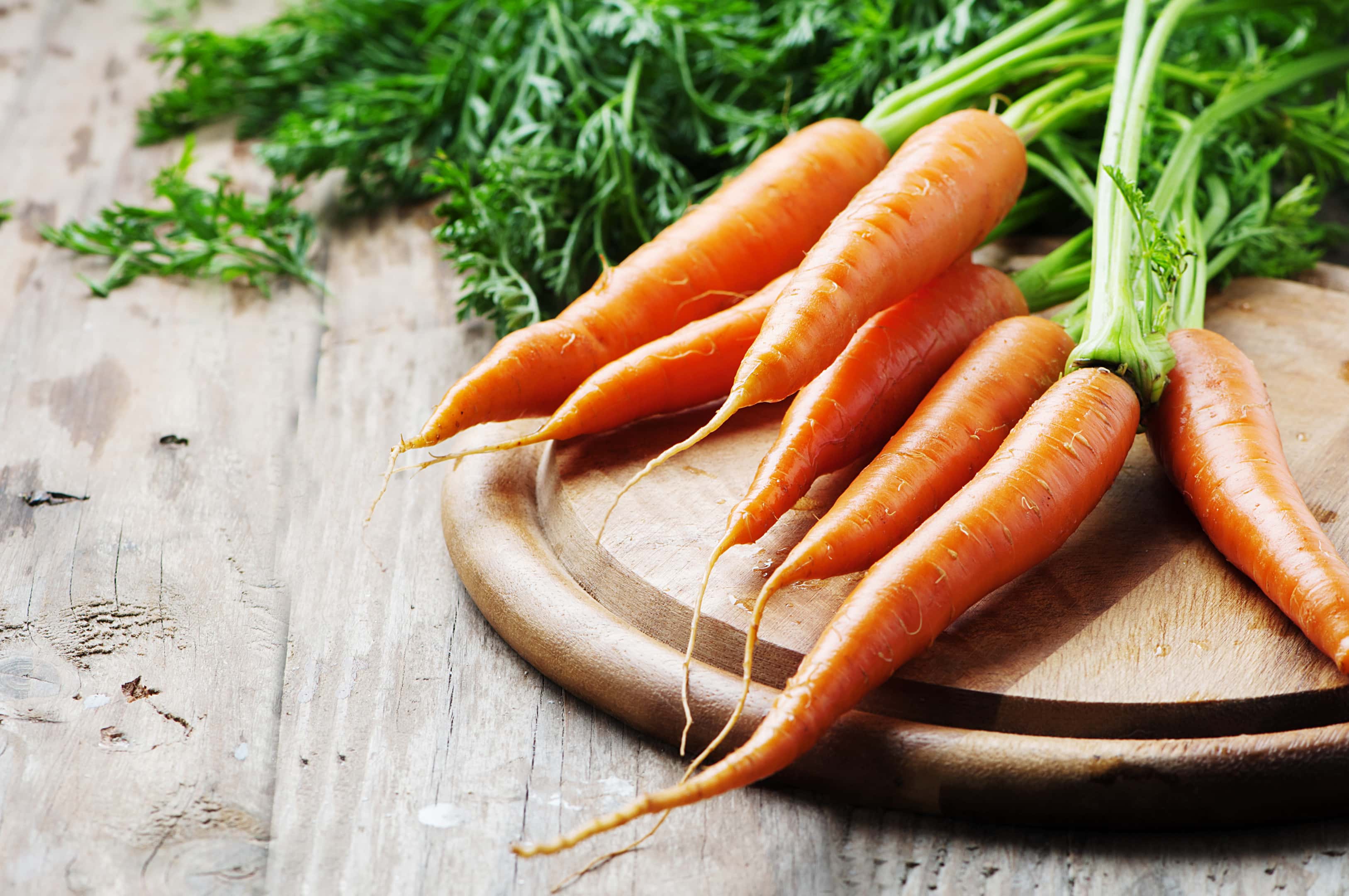 Fresh carrots on wooden board