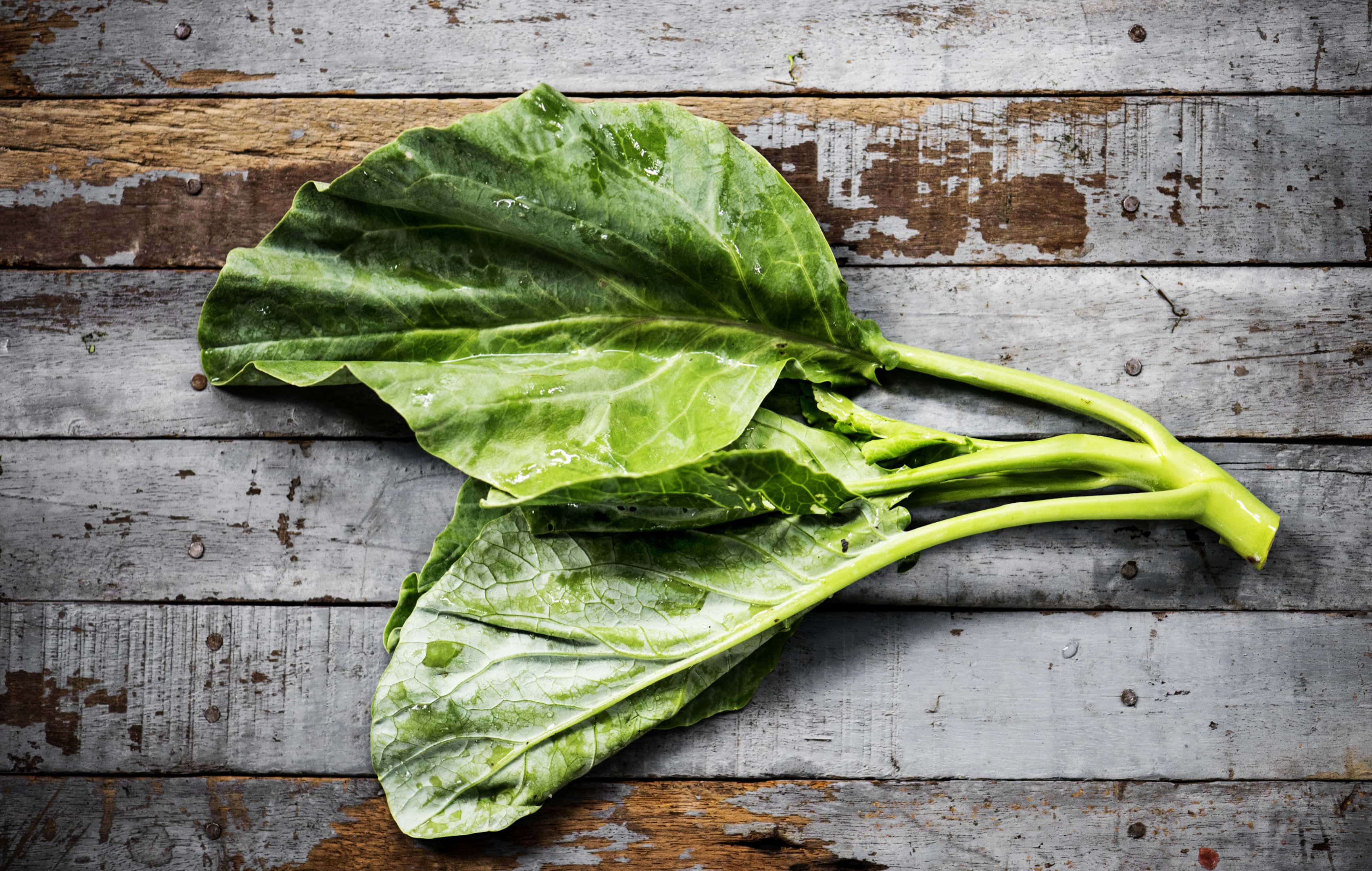 Fresh collard Chinese kale on wooden background