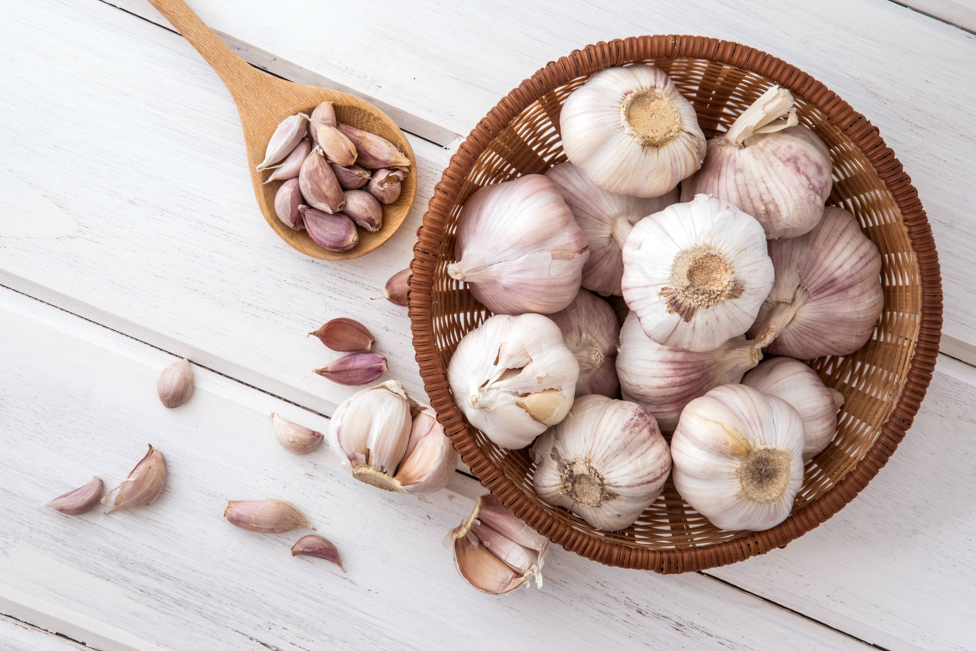 Group of garlic in wooden plate on white wooden table