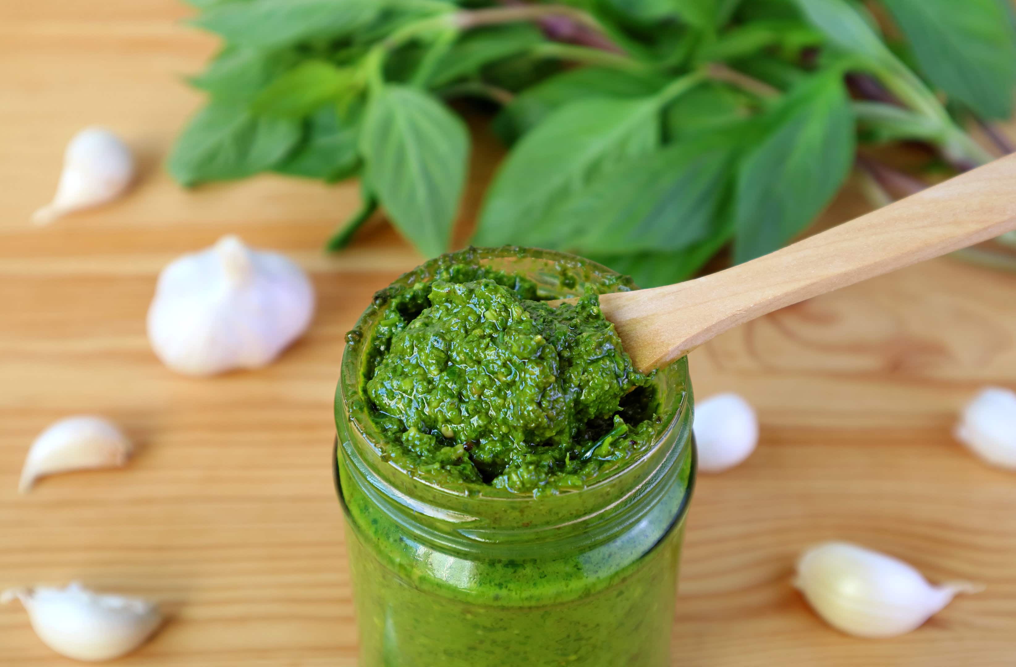 homemade fresh basil pesto without pine nuts