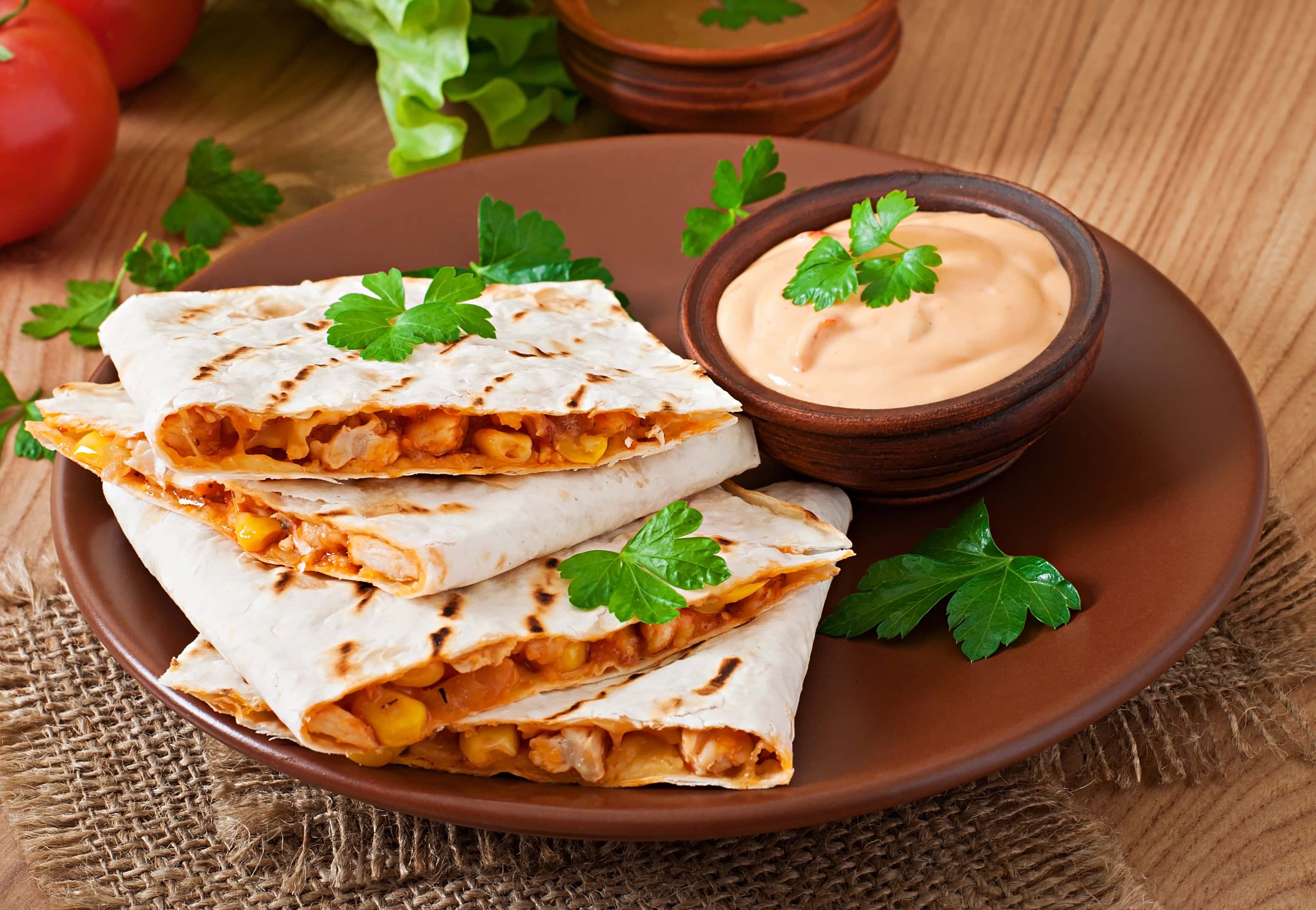 Sliced Mexican cheese quesadilla with vegetable sauce