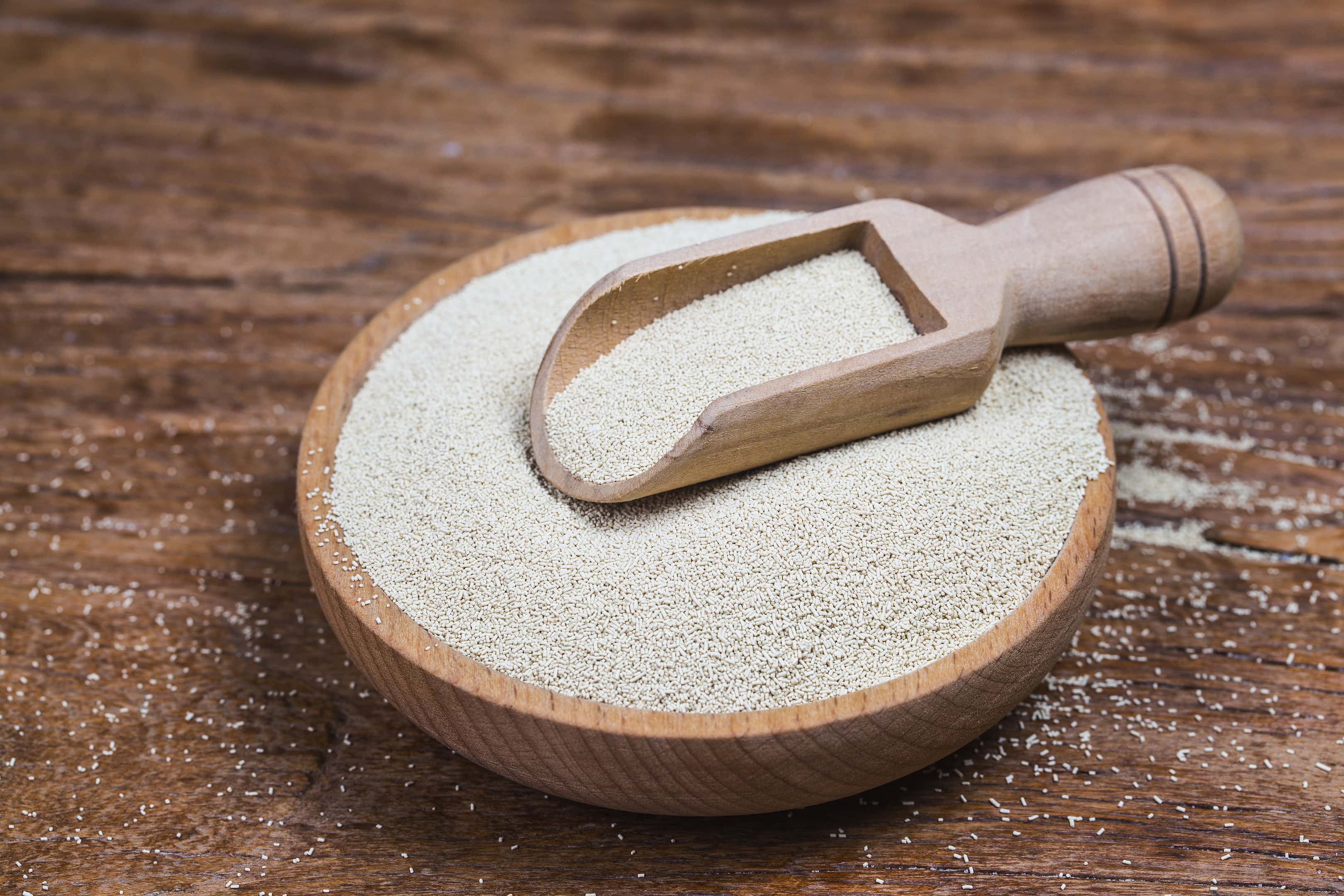 Organic raw yeast for baking bread in wooden bowl