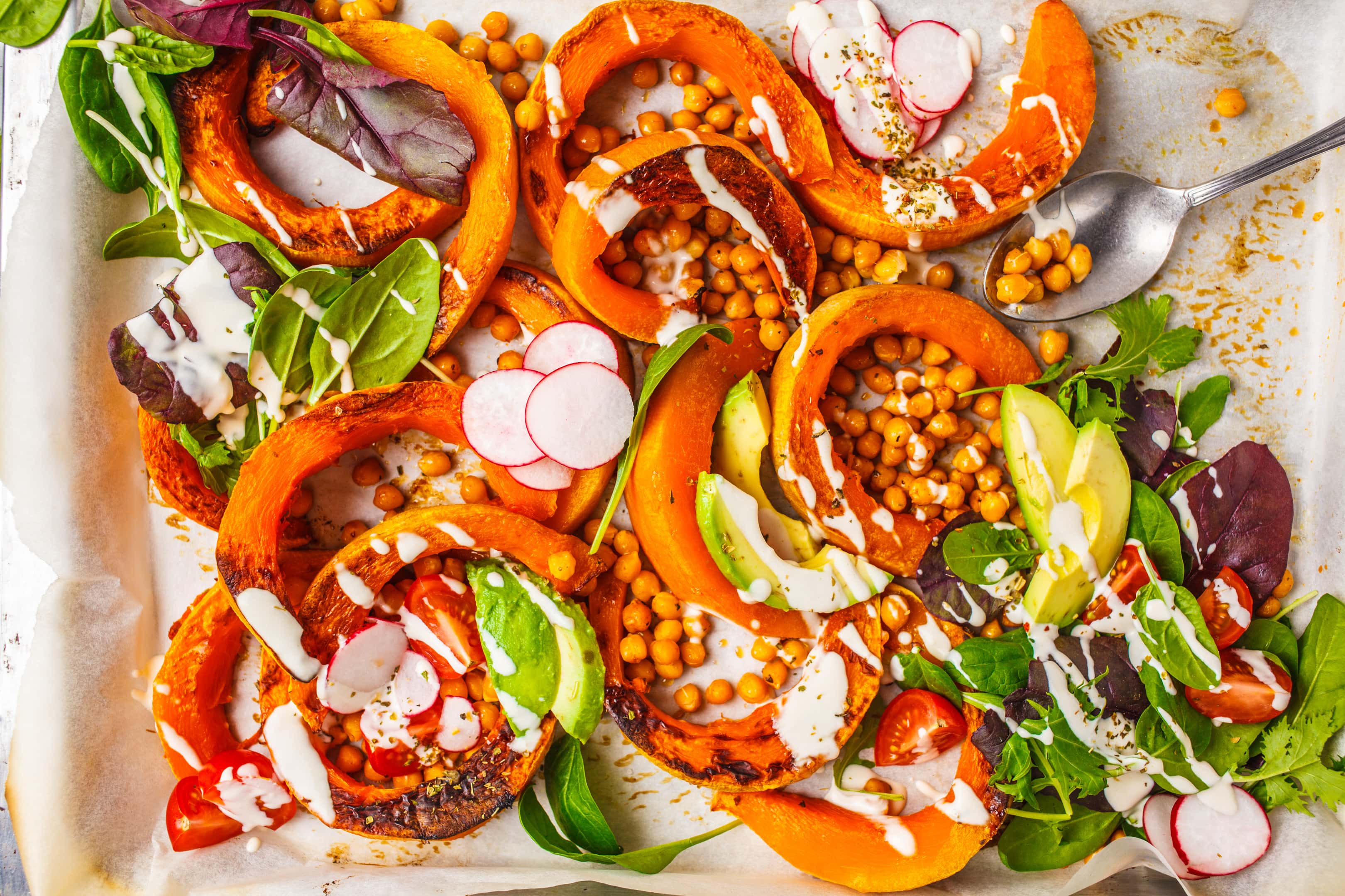 Plant based diet baked pumpkin with chickpeas and avocado