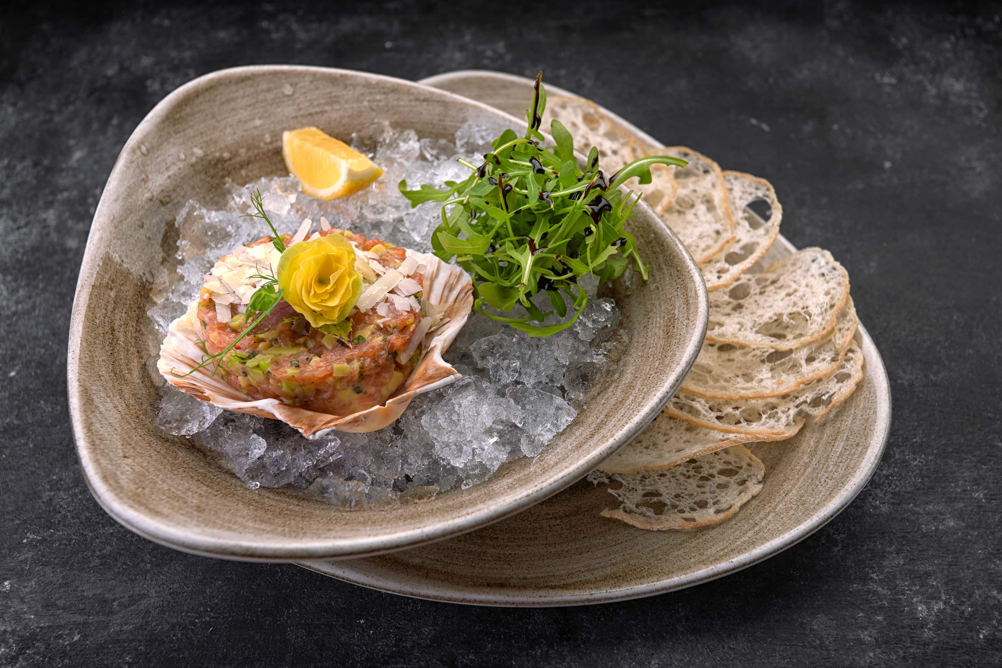 Salmon tartare with oysters, avocado and bread chips