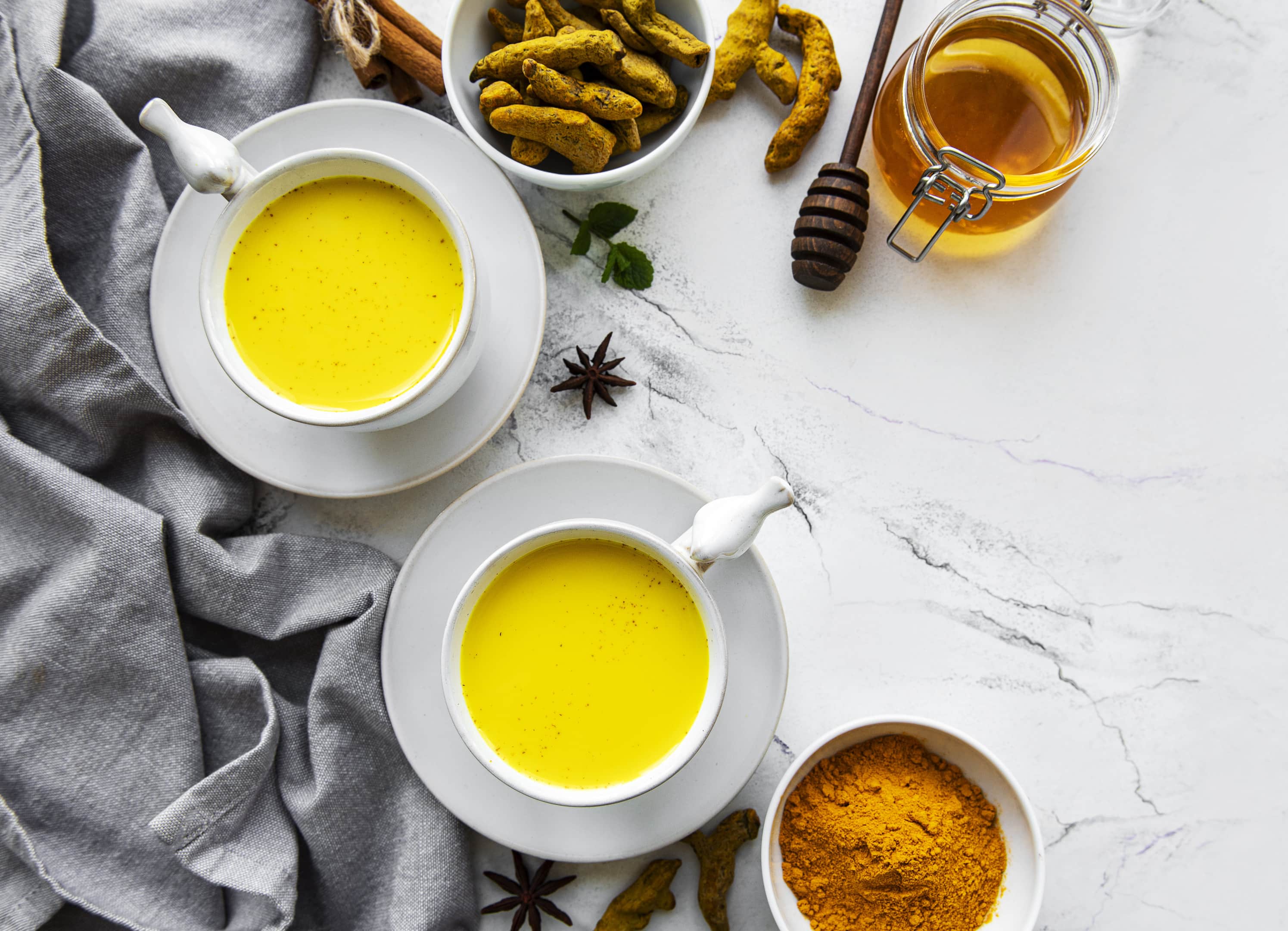 Turmeric yellow latte with cinnamon, turmeric, ginger and honey