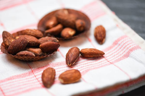 Tamari almonds roasted on a tablecloth