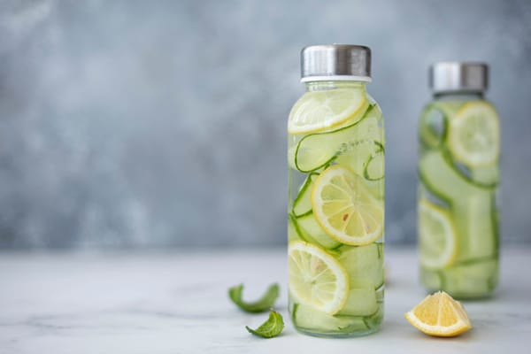 Detox water with cucumber, lemon and mint in a glass bottle