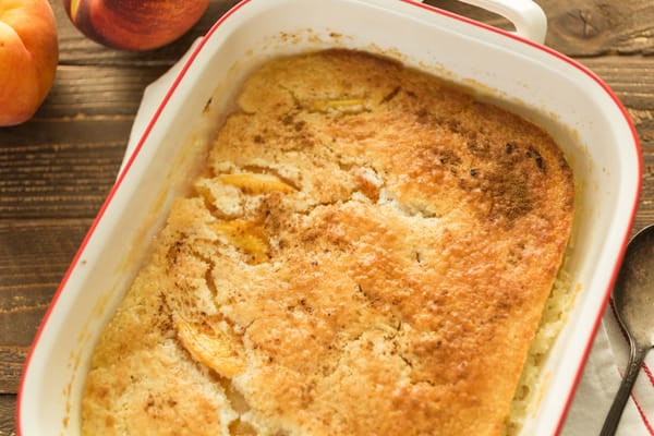 Freshly baked peach cobbler with canned peaches