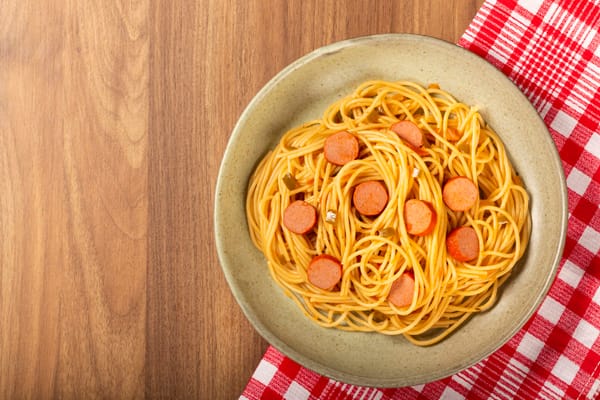 Jollibee spaghetti — pasta with sliced hot dogs and tomato sauce