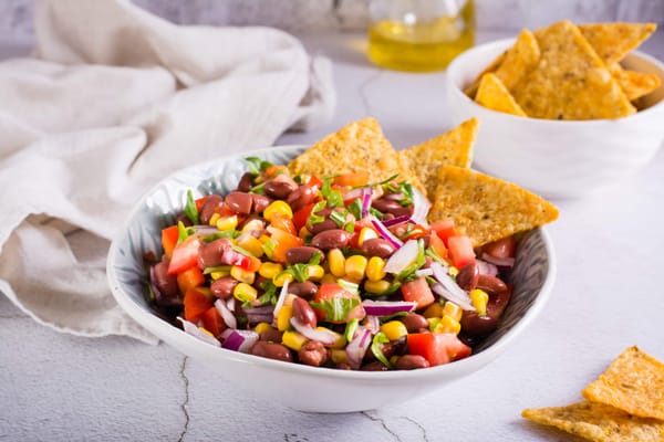 Cowboy caviar in a bowl with tortilla chips