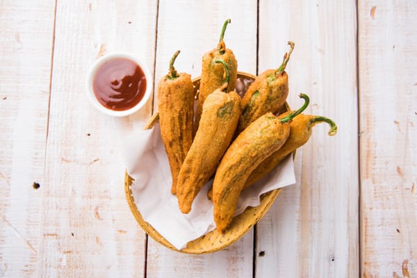 Fried long hot peppers with dipping sauce