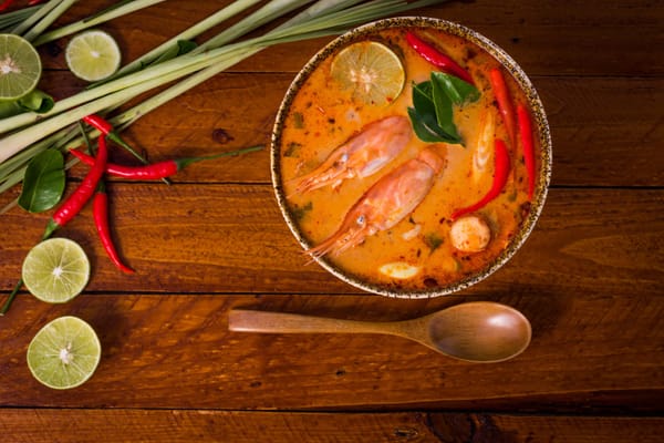 Tom yum goong (Thai spicy shrimp soup) with prawns