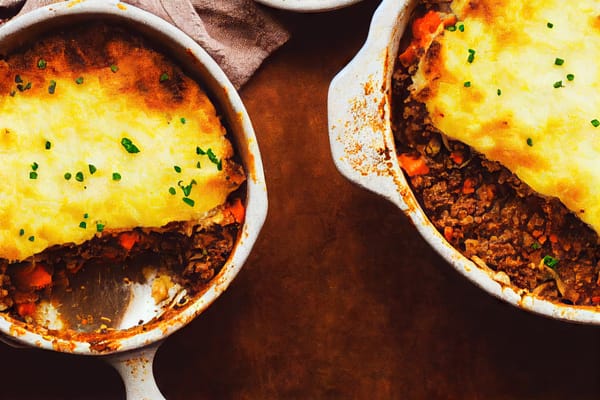 Baked casserole topped with mashed potatoes