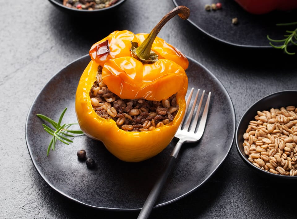 Baked stuffed bell peppers, spelt wheat, rice