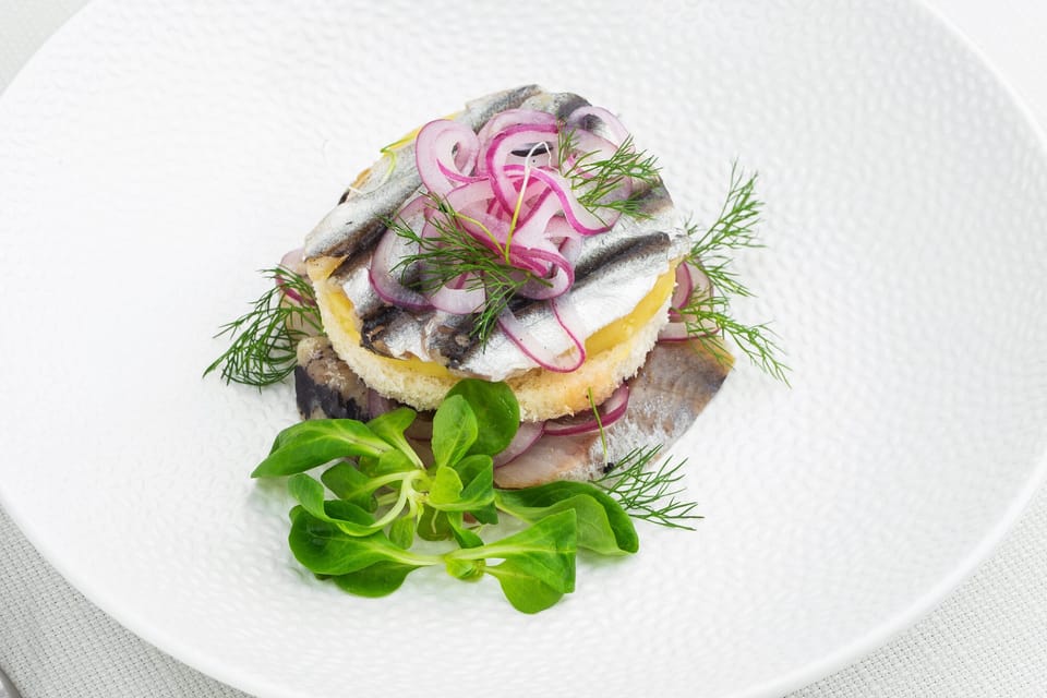 Baltic-style herring salad appetizer with red onion and dill