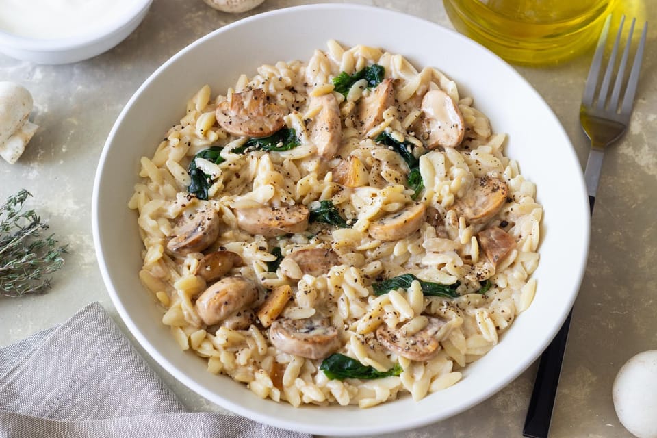 Creamy chicken orzo with butternut squash and spinach