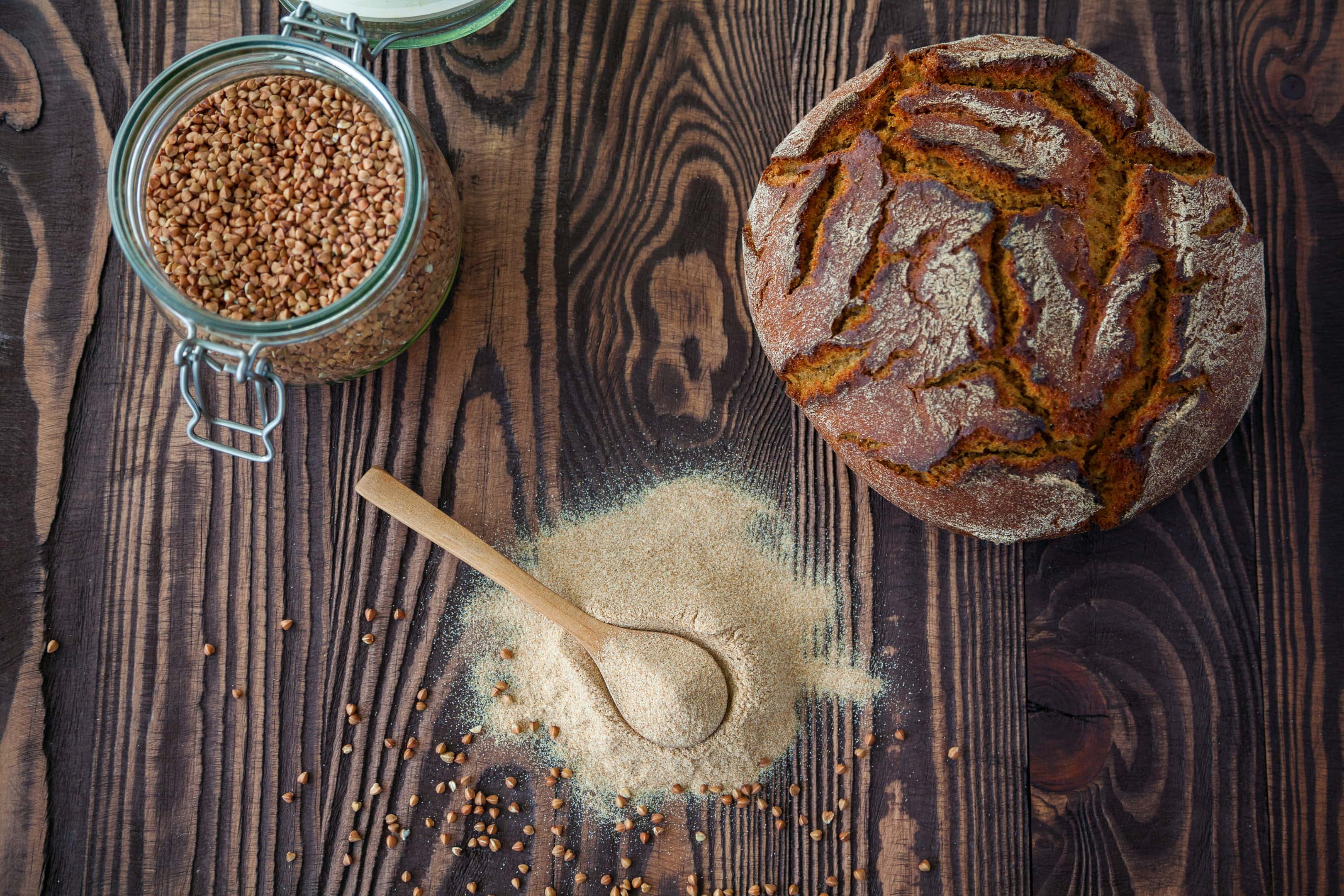 Buckwheat flour and buckwheat grains and buckwheat bread.