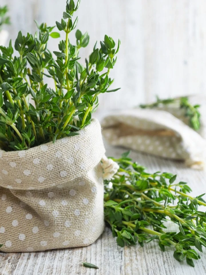 Fresh thyme in pouch on old wooden table