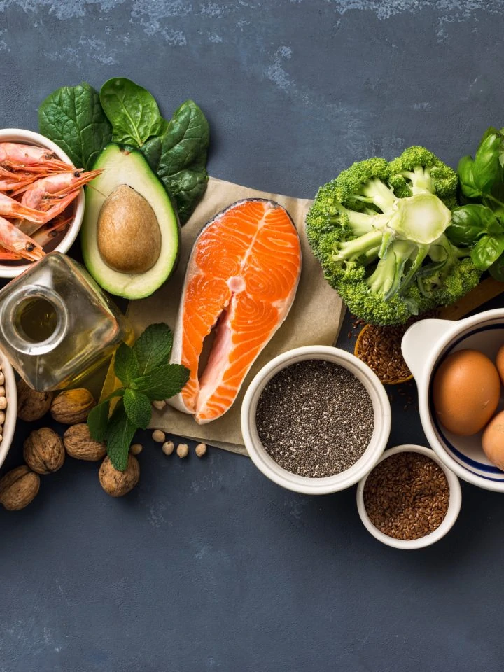 Healthy Food sources on dark background top view.