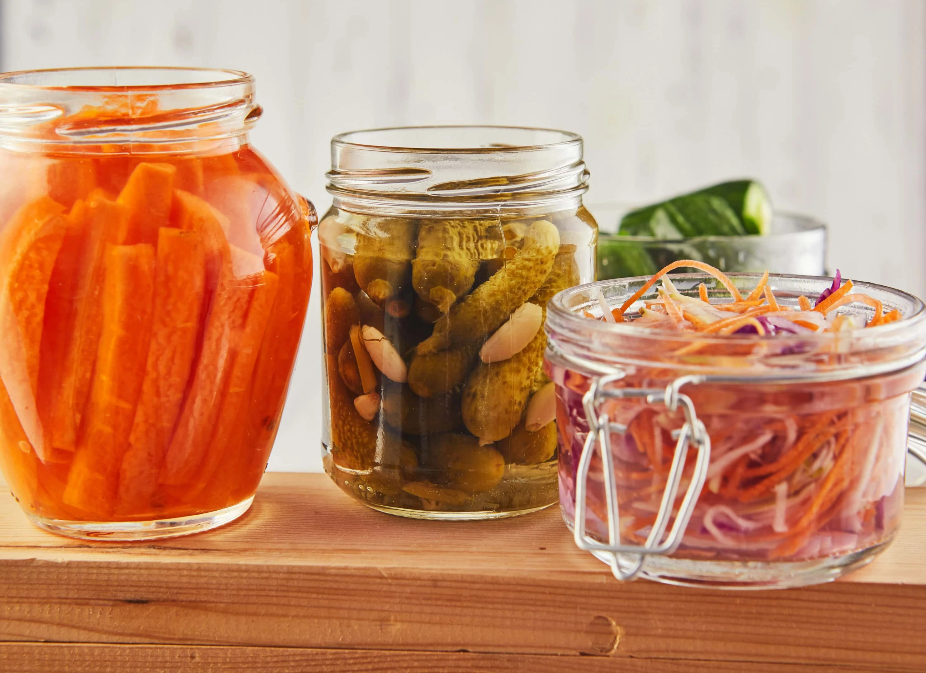 Fermented preserved foods on wooden table