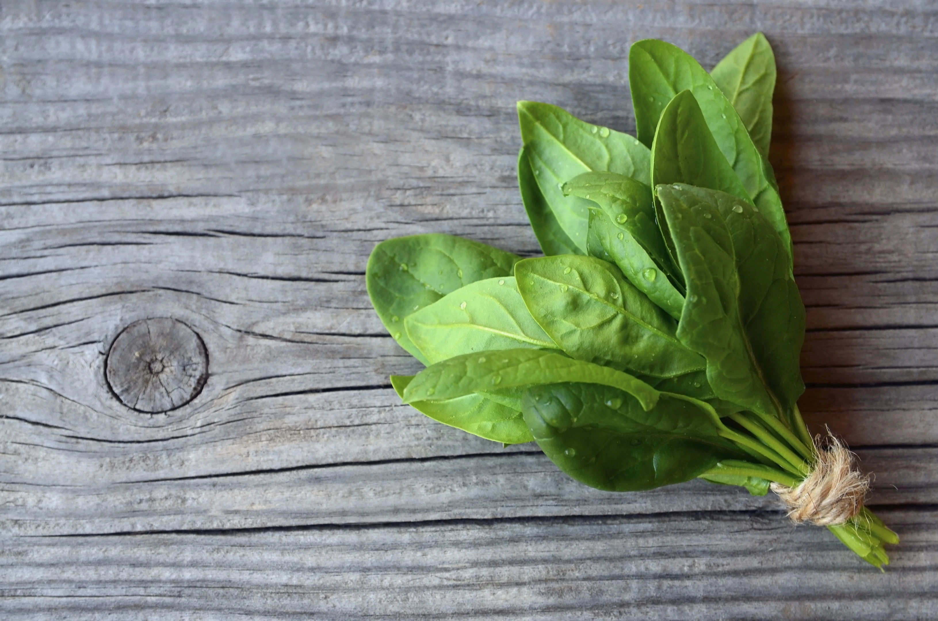 Fresh green organic spinach bundle leaves old wooden table