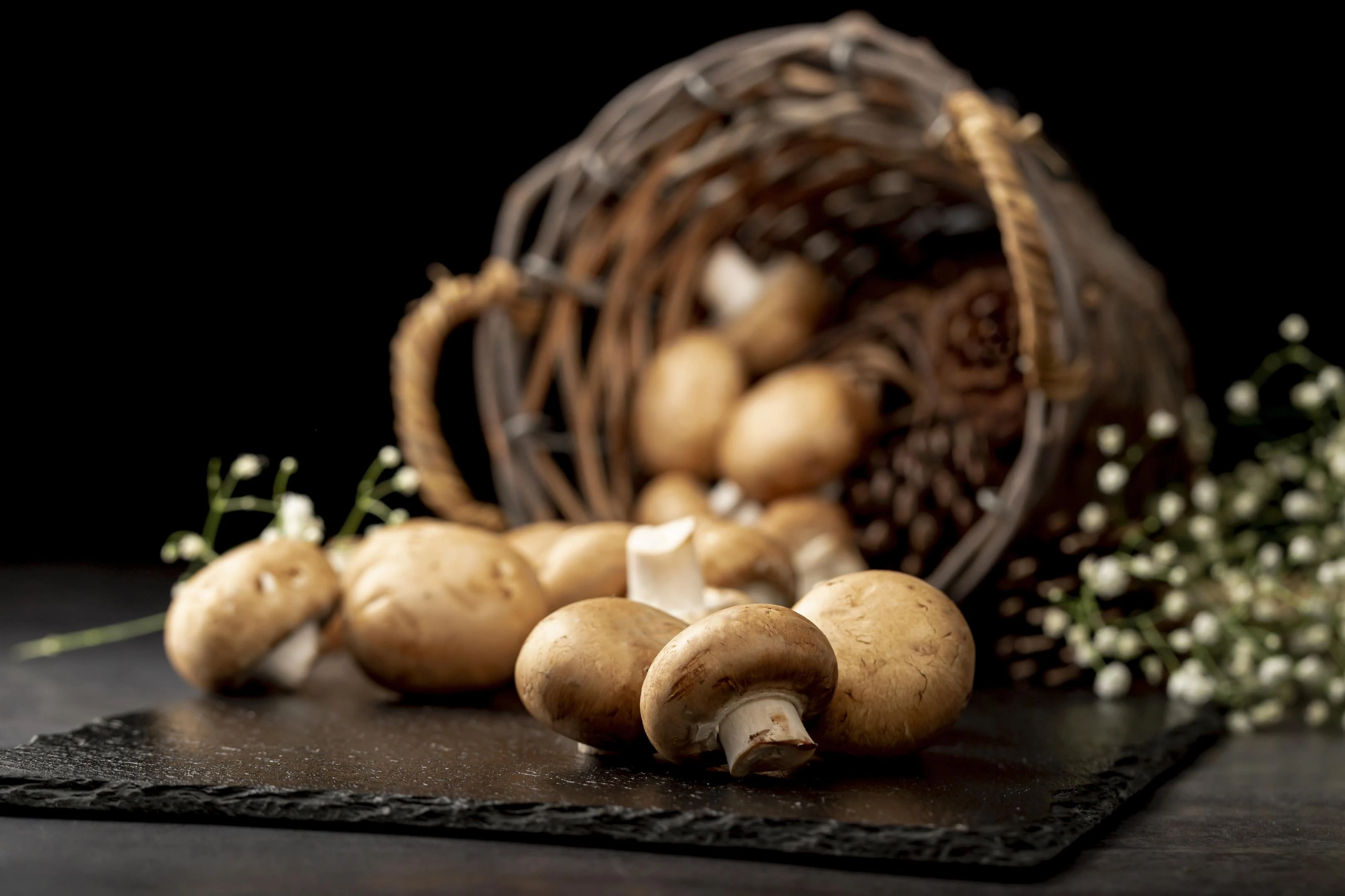 Mushrooms on black stone plate with brown knitted basket