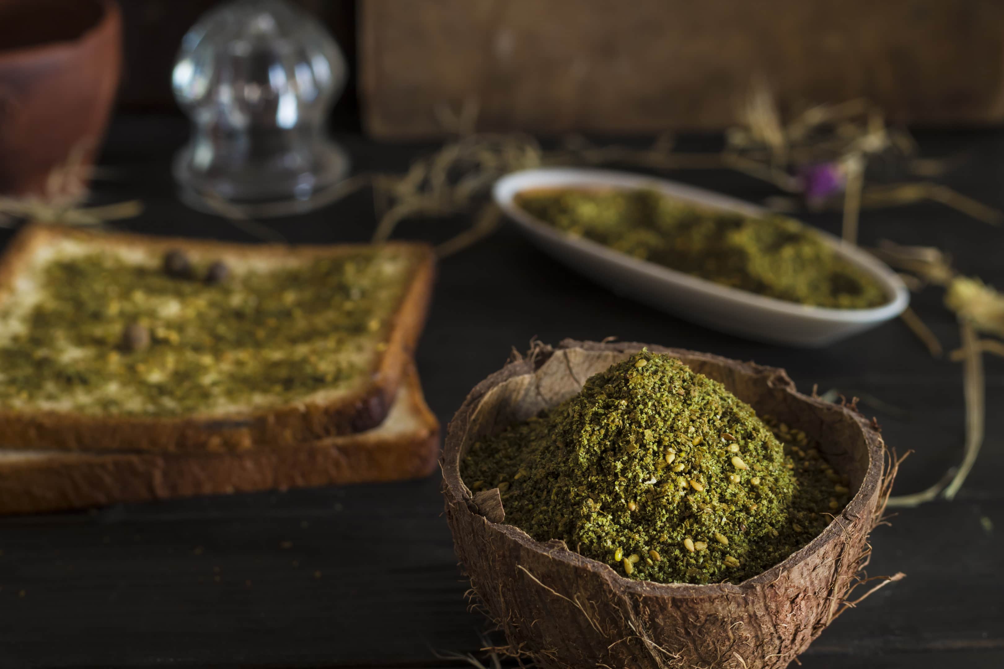 Zaatar spice with sprinkled zaatar bread and dried herbs