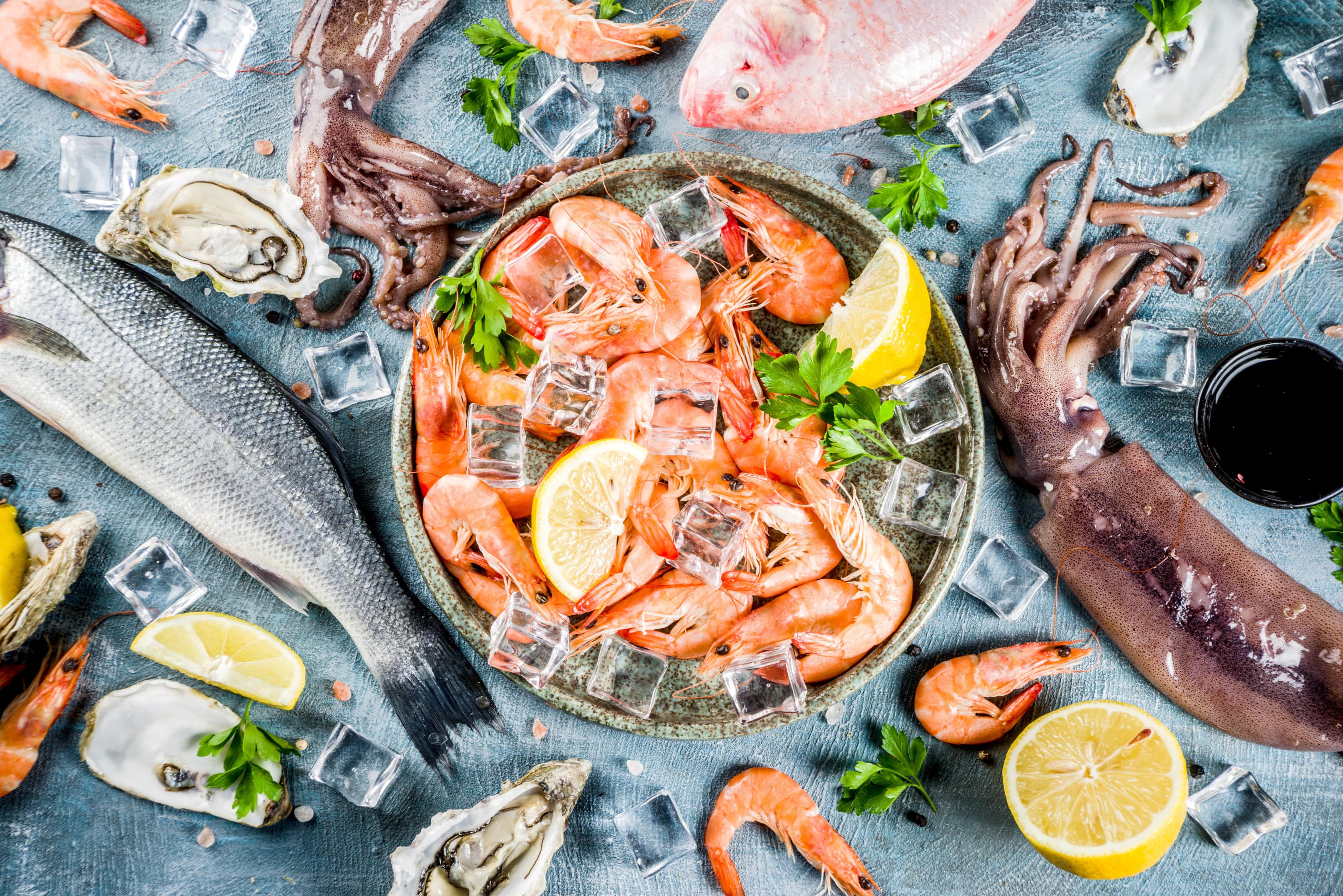 Fresh raw seafood squid shrimp oyster mussels and fish on blue background
