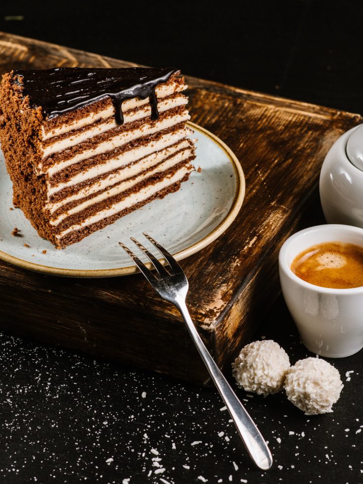 Piece of chocolate cake and espresso