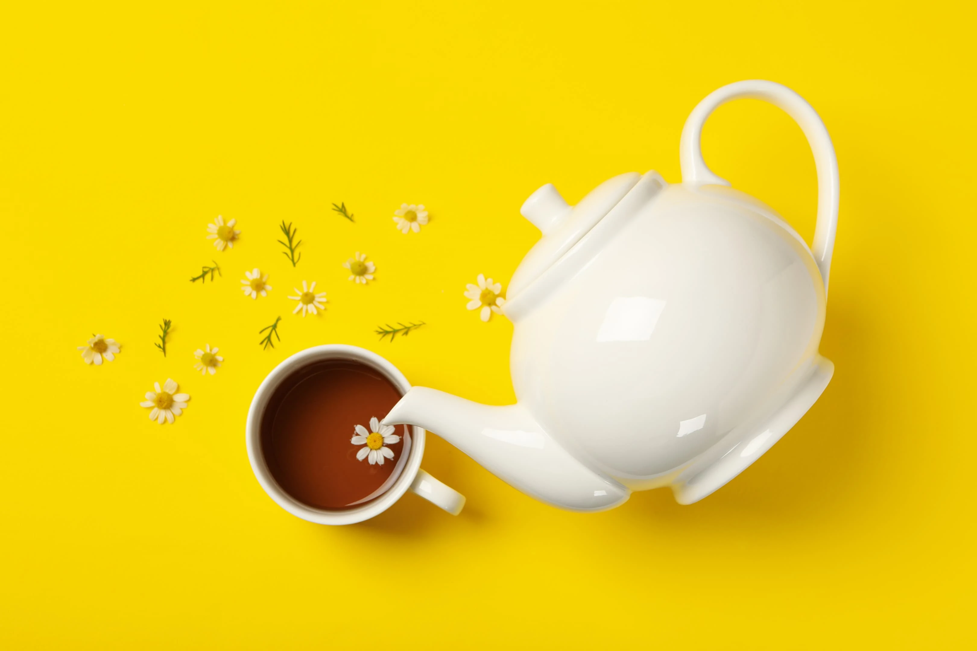 Teapot and cup of chamomile tea on yellow background