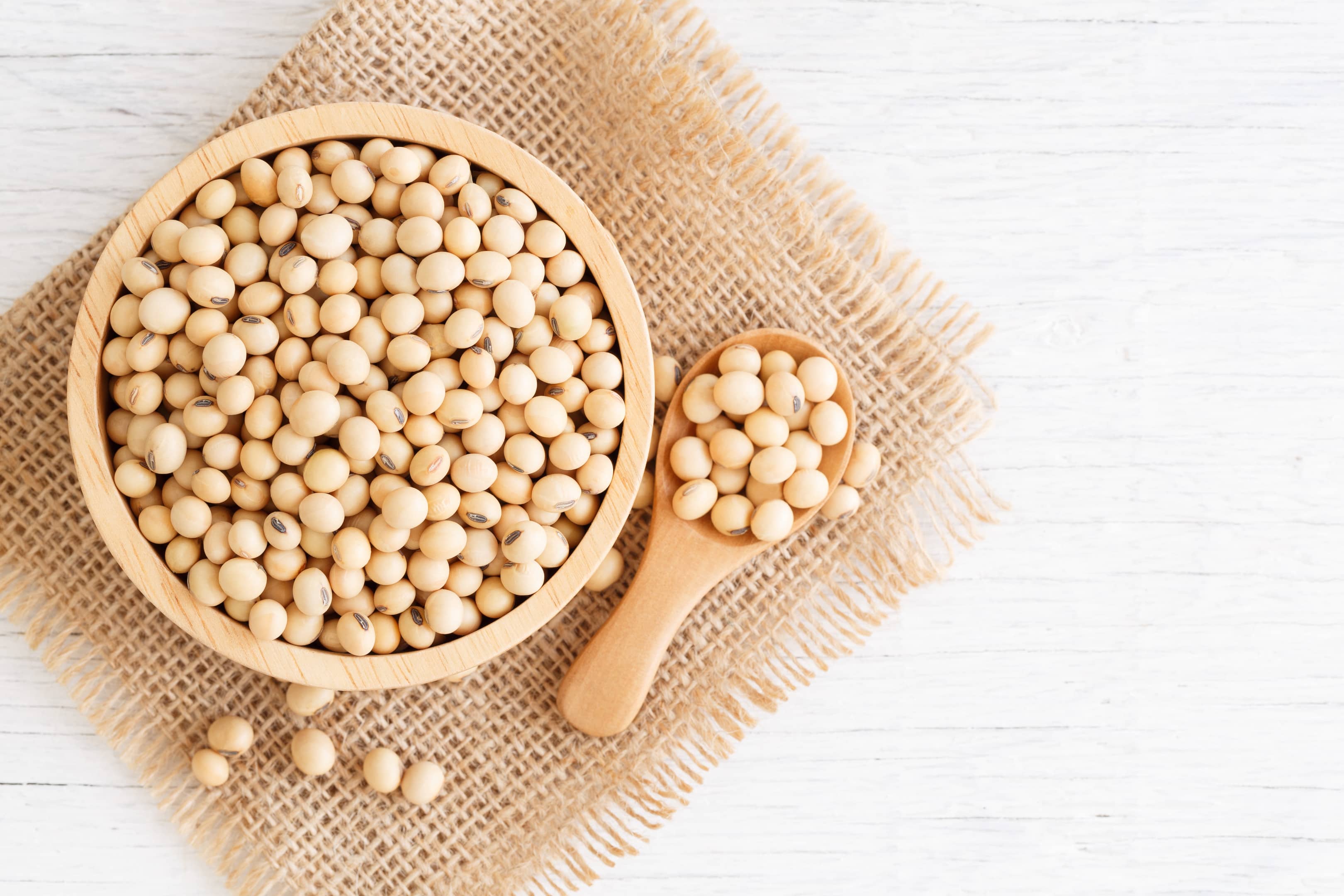 Soybeans in Wooden Bowl With Wooden Spoon on White Table