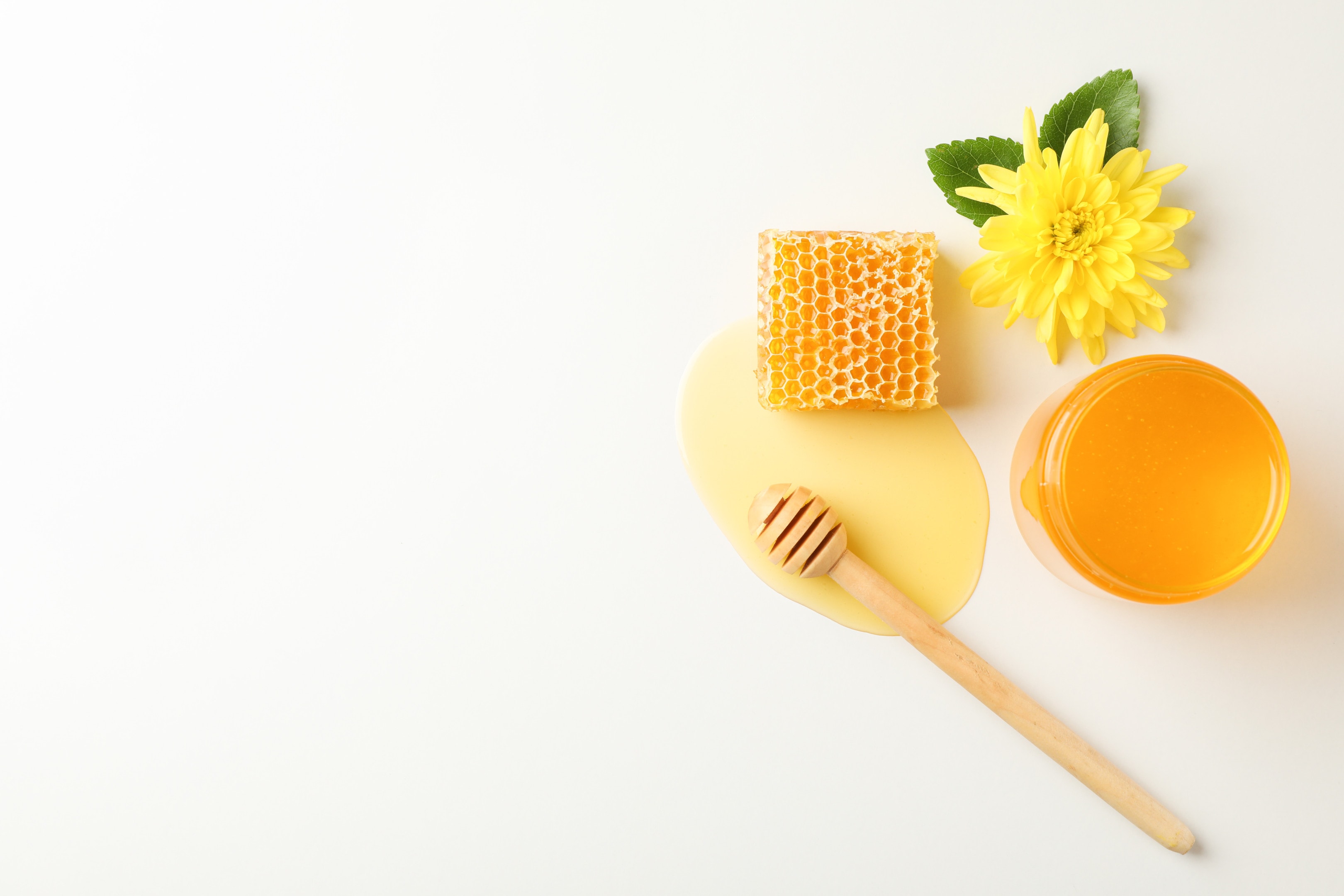 Honeycomb with honey and flower on white table