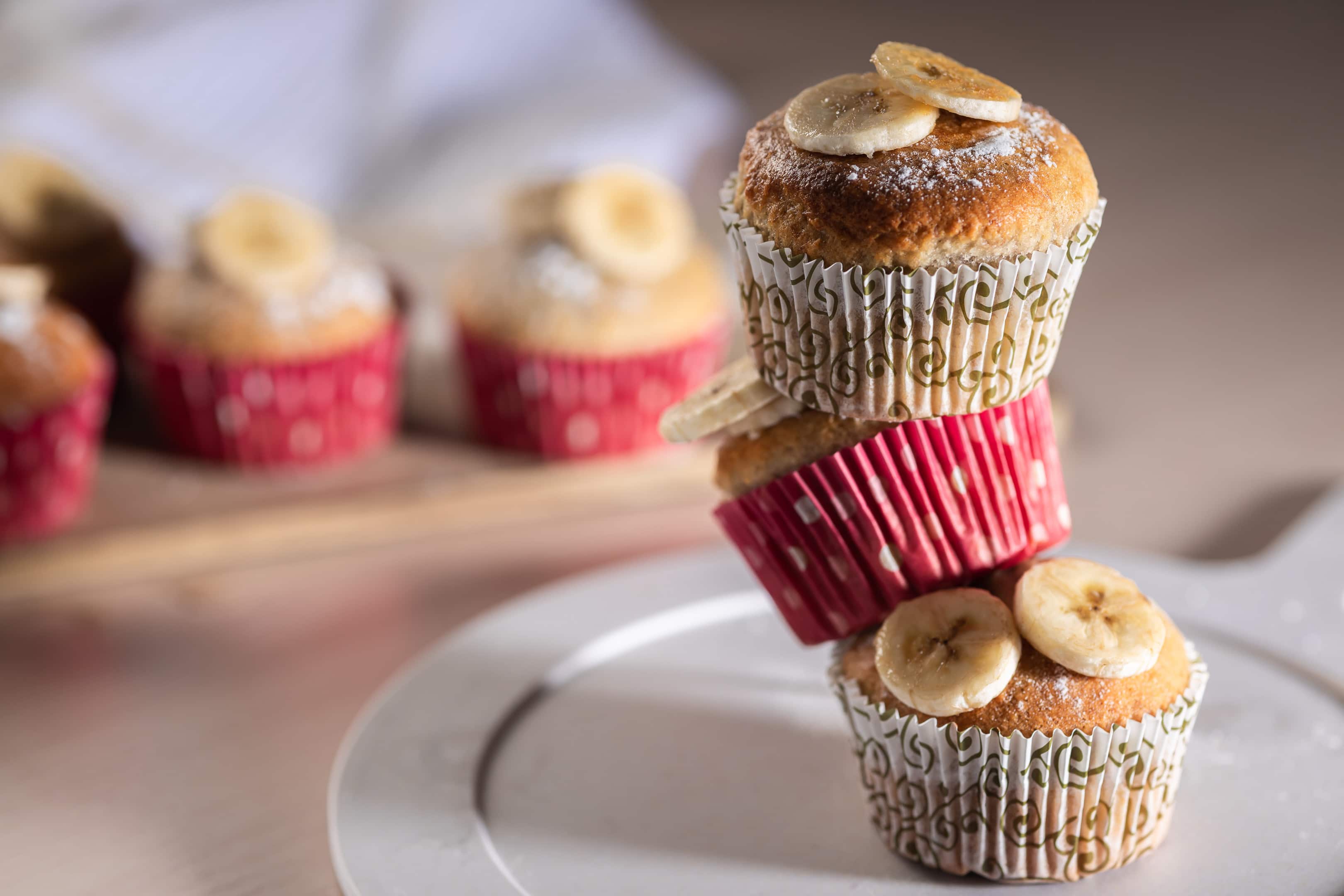 Tower of homemade sweet banana muffins