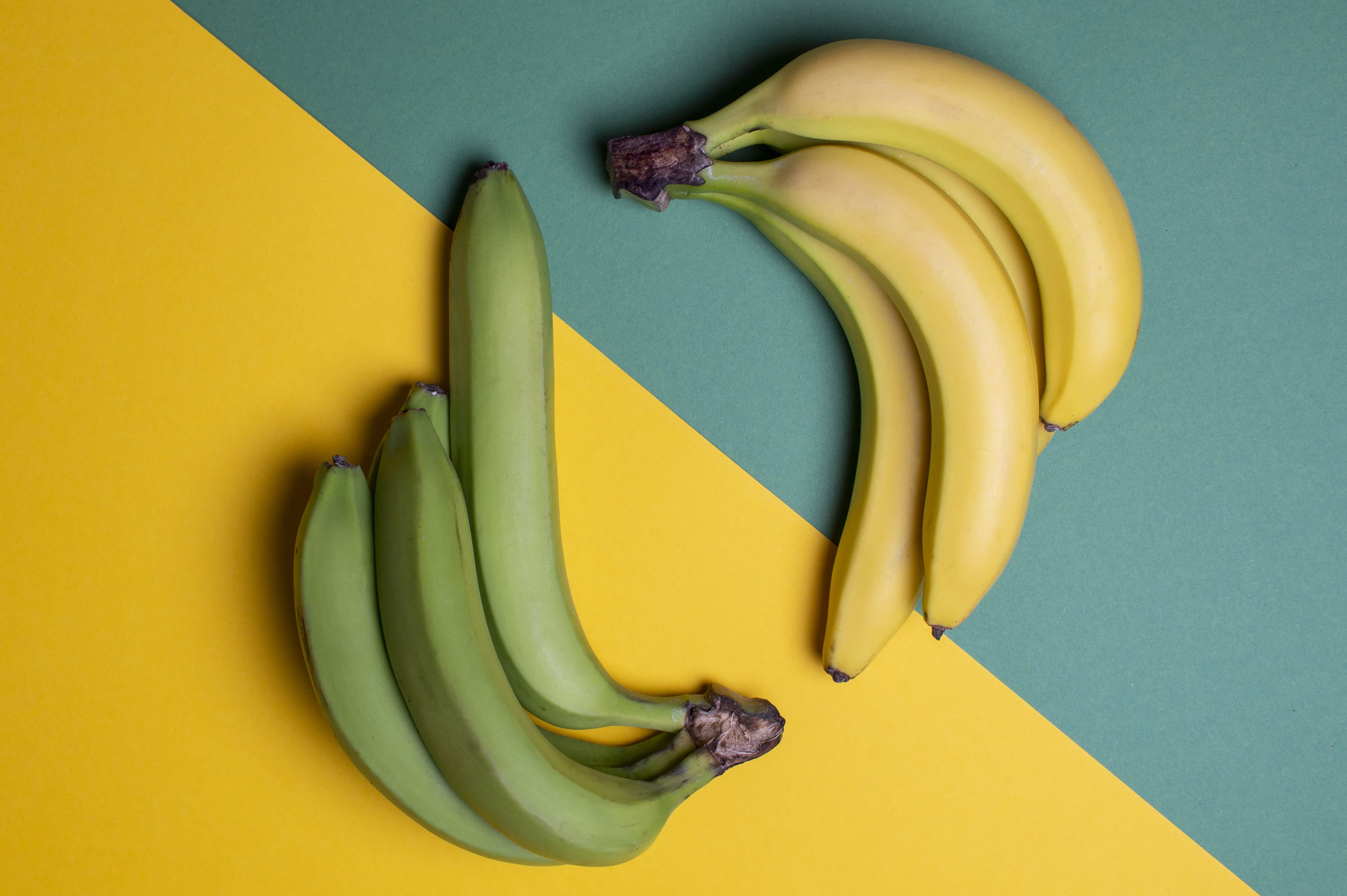 Yellow ripe and green unripe bananas on colored table