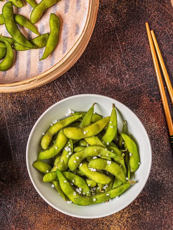 Cooked green edamame with soy sauce