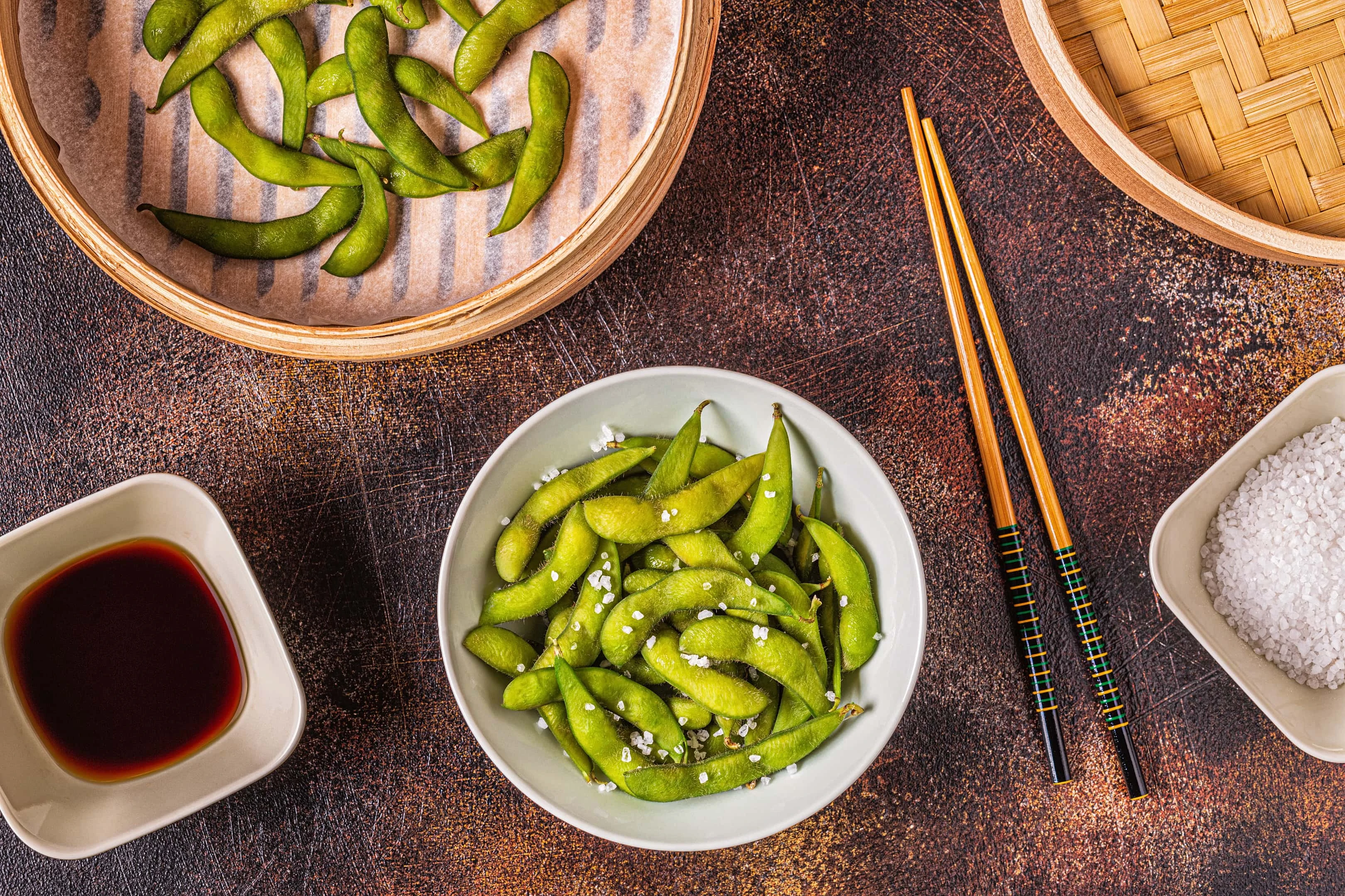 Cooked green edamame with soy sauce