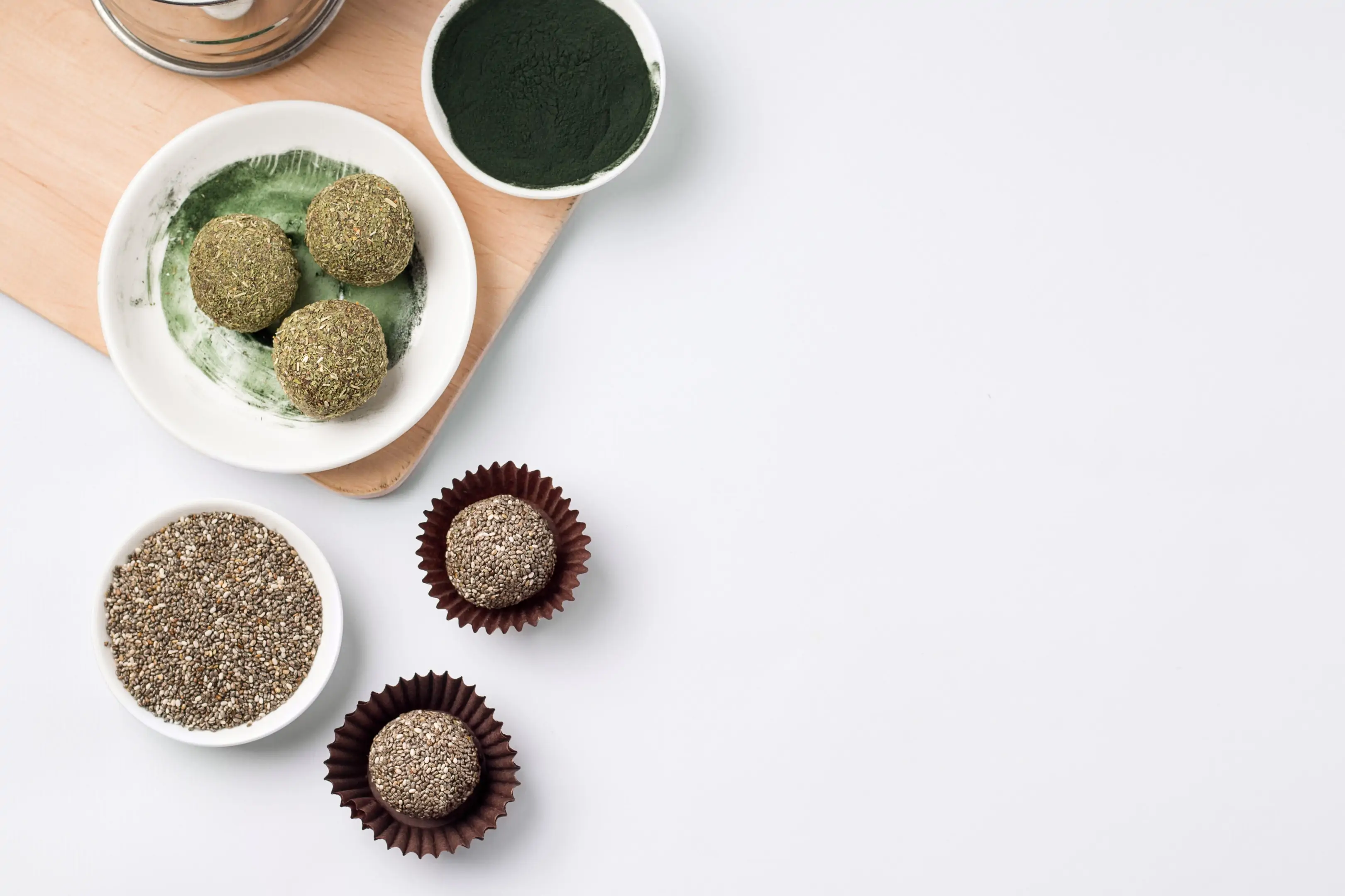 Energy balls of dried fruits with spirulina and chia seeds