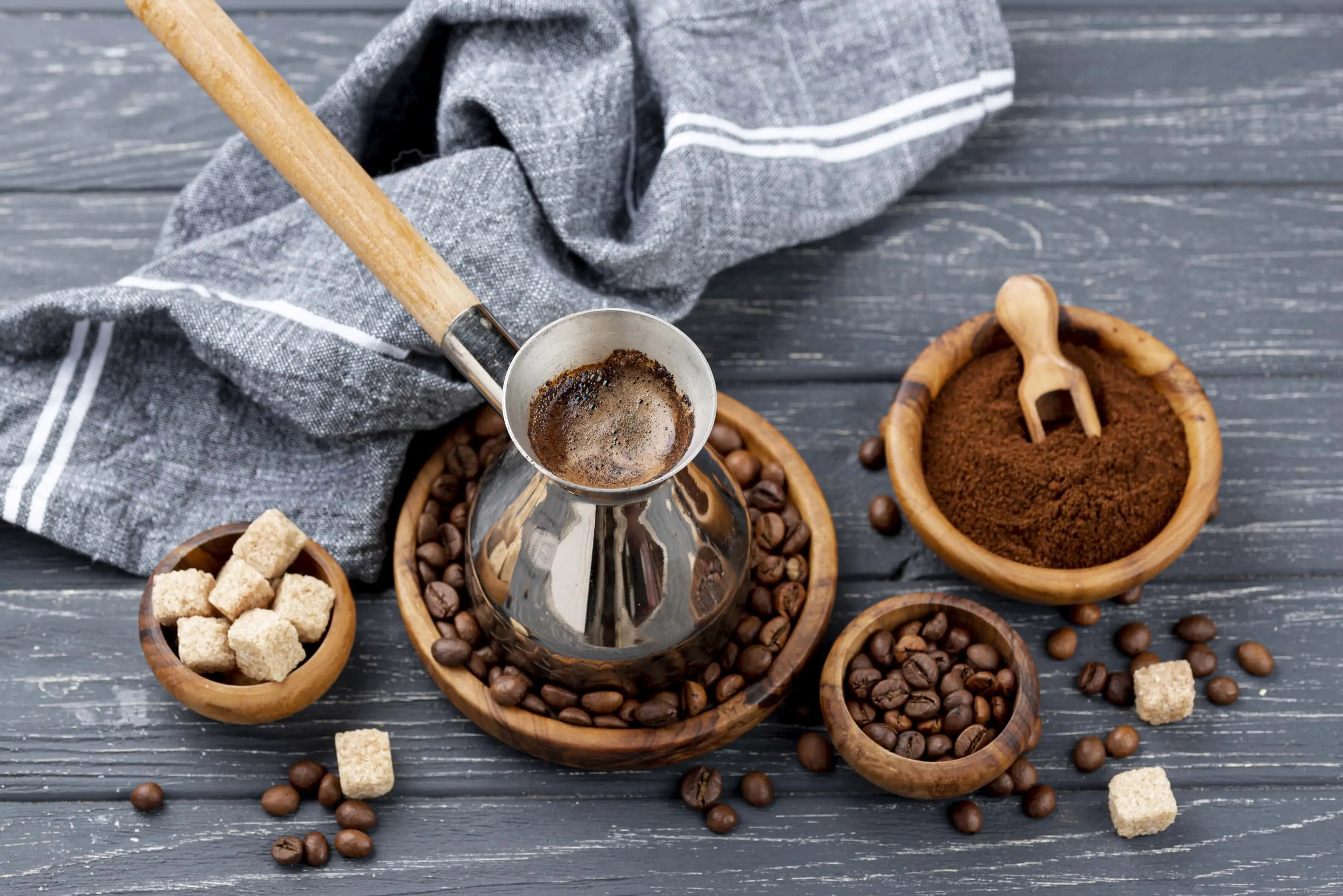 Boiled black coffee with coffee beans