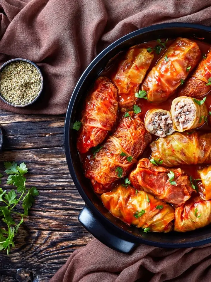 Cabbage rolls stuffed with ground beef and rice