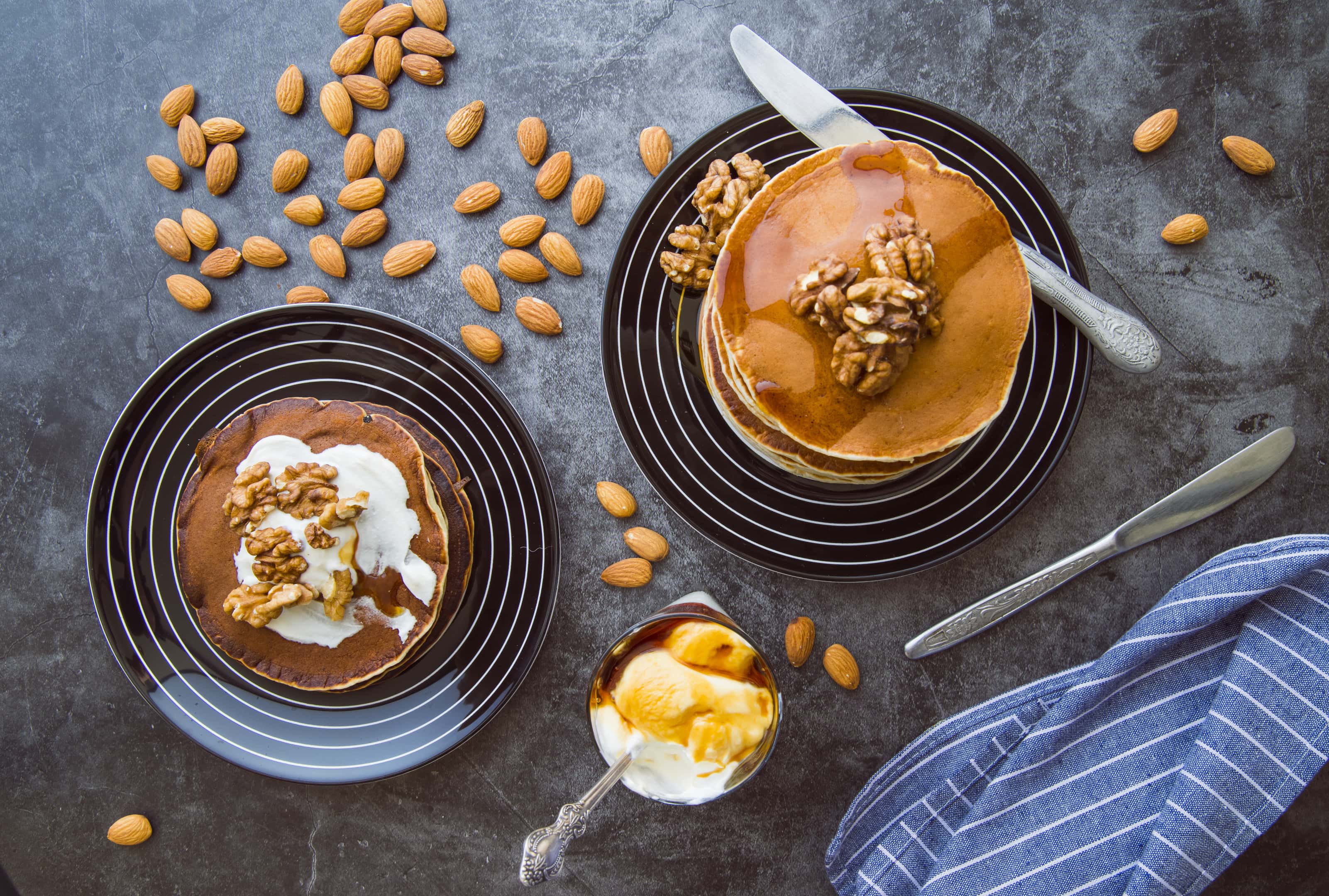 Delicious pancakes with almonds and walnuts