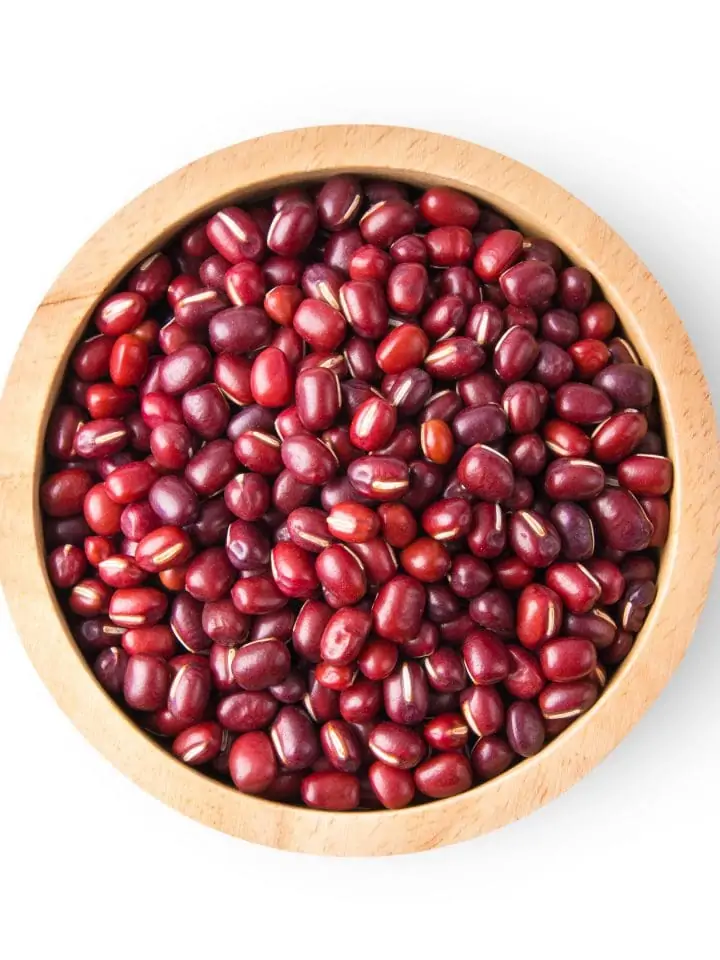 Red adzuki beans in a wood bowl