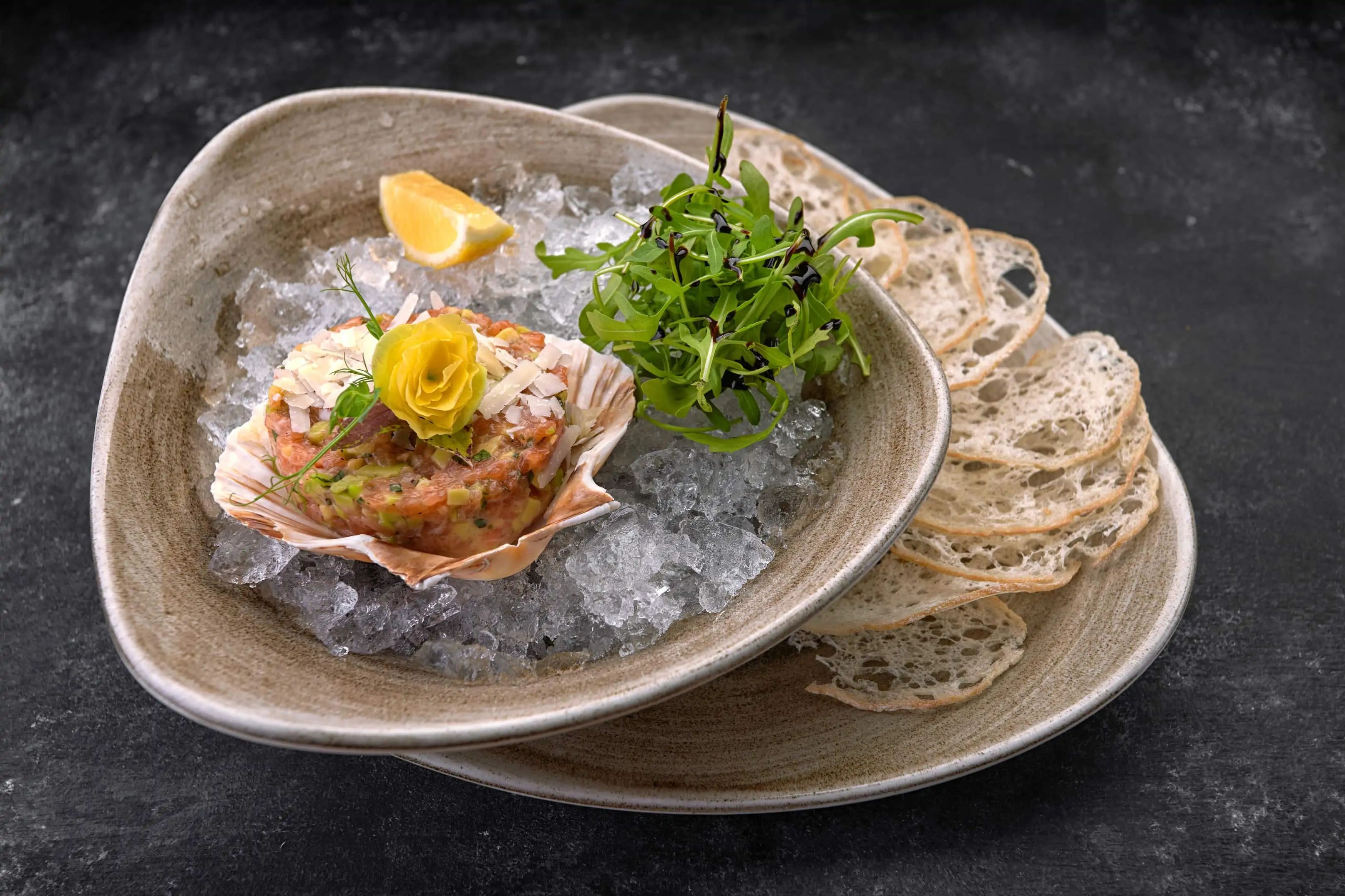 Salmon tartare with oysters, avocado, bread chips and lemon