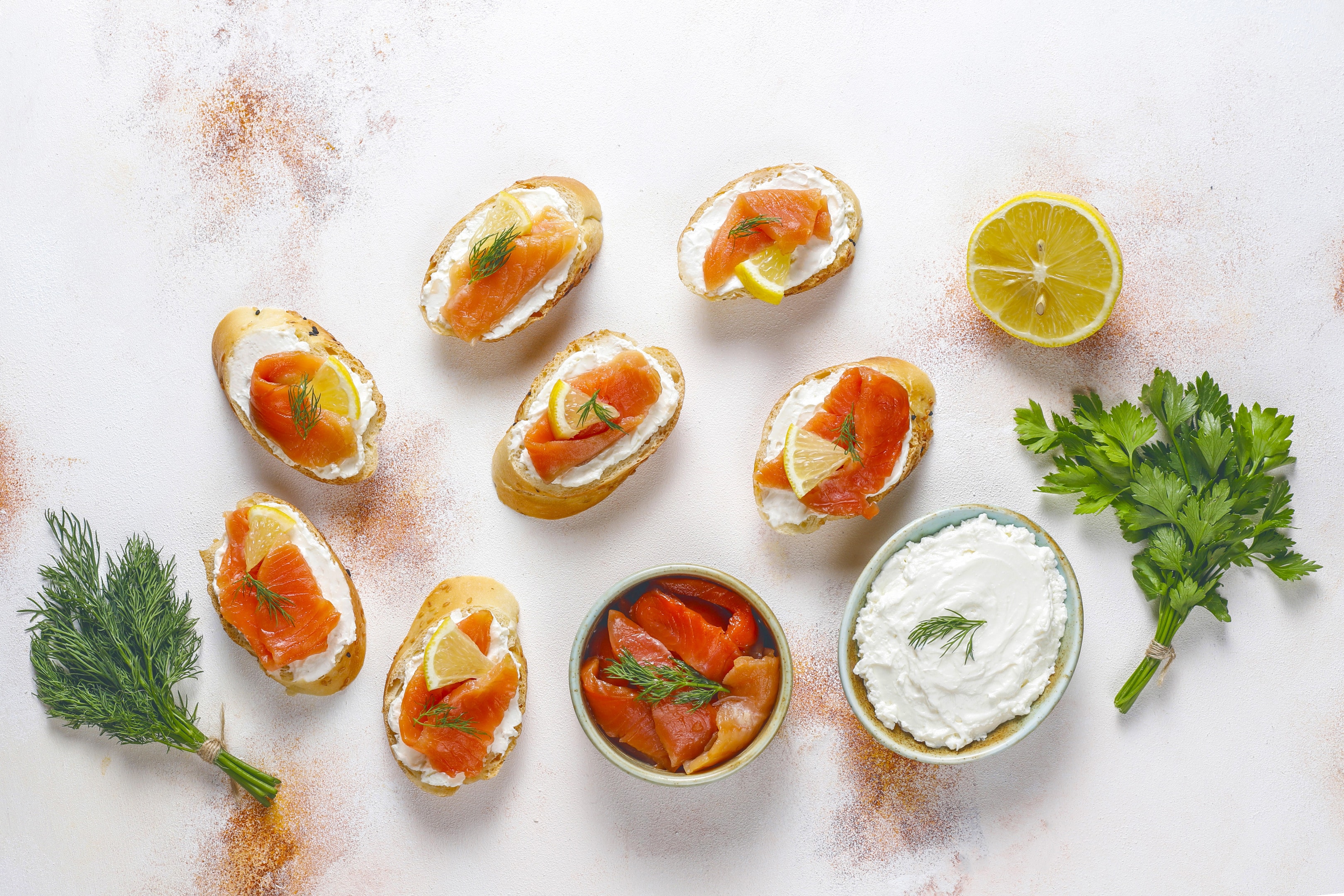Sandwiches with smoked salmon, cream cheese and dill