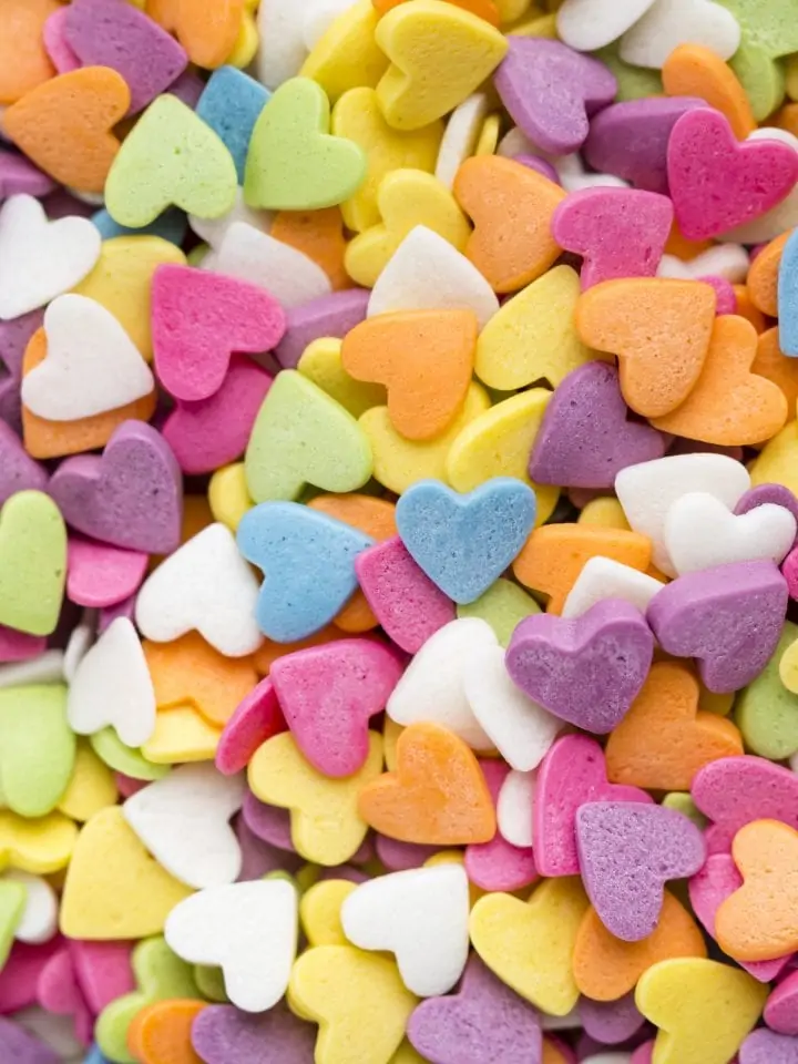 Colourful heart shaped candy sweetened with xylitol